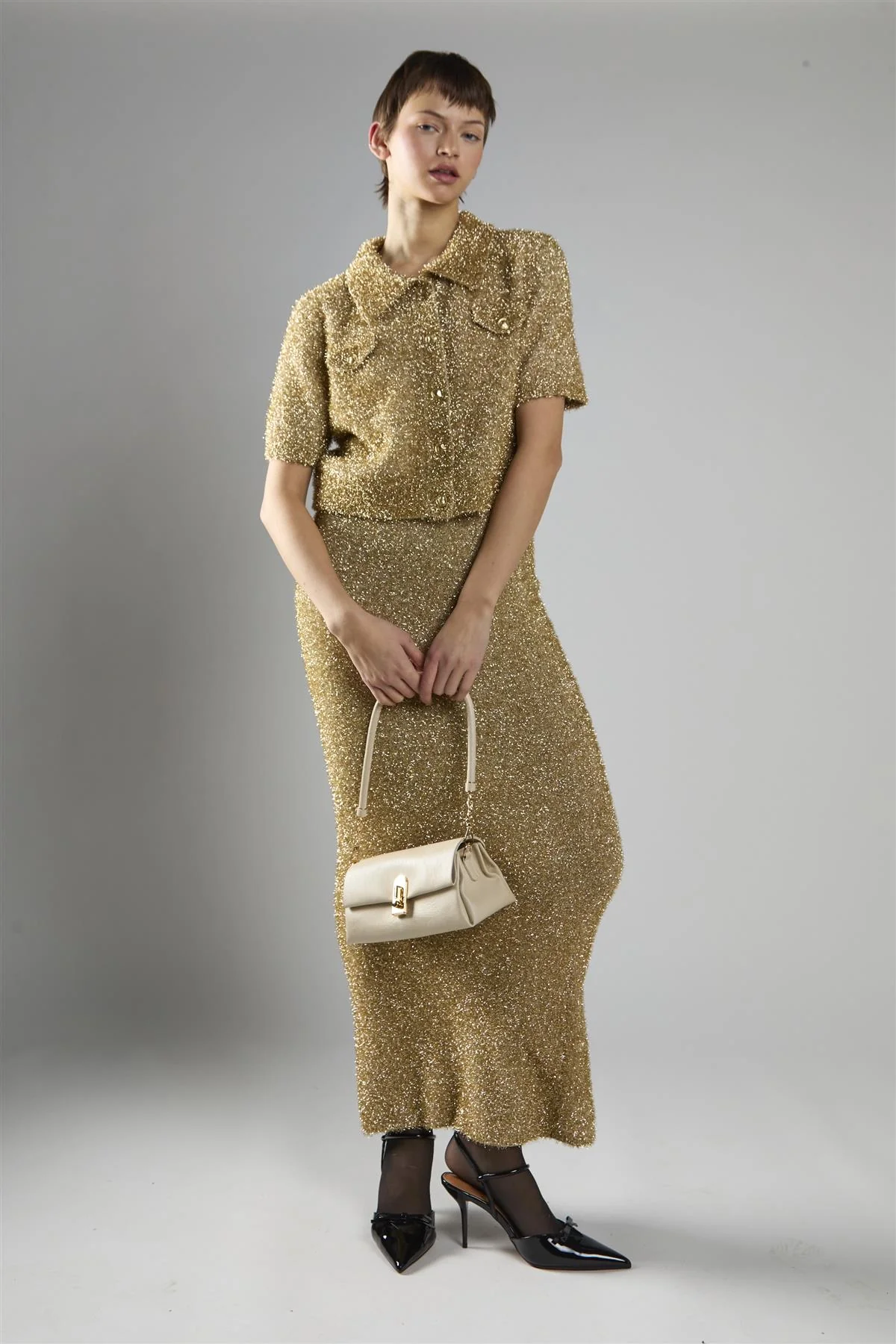 Gold Tinsel High Waisted Maxi Skirt - Image 4