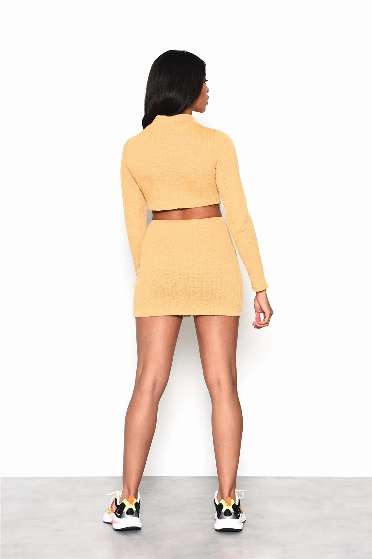Golden-Yellow Cable-Knit-Long-Sleeve Crop-Top - Image 2