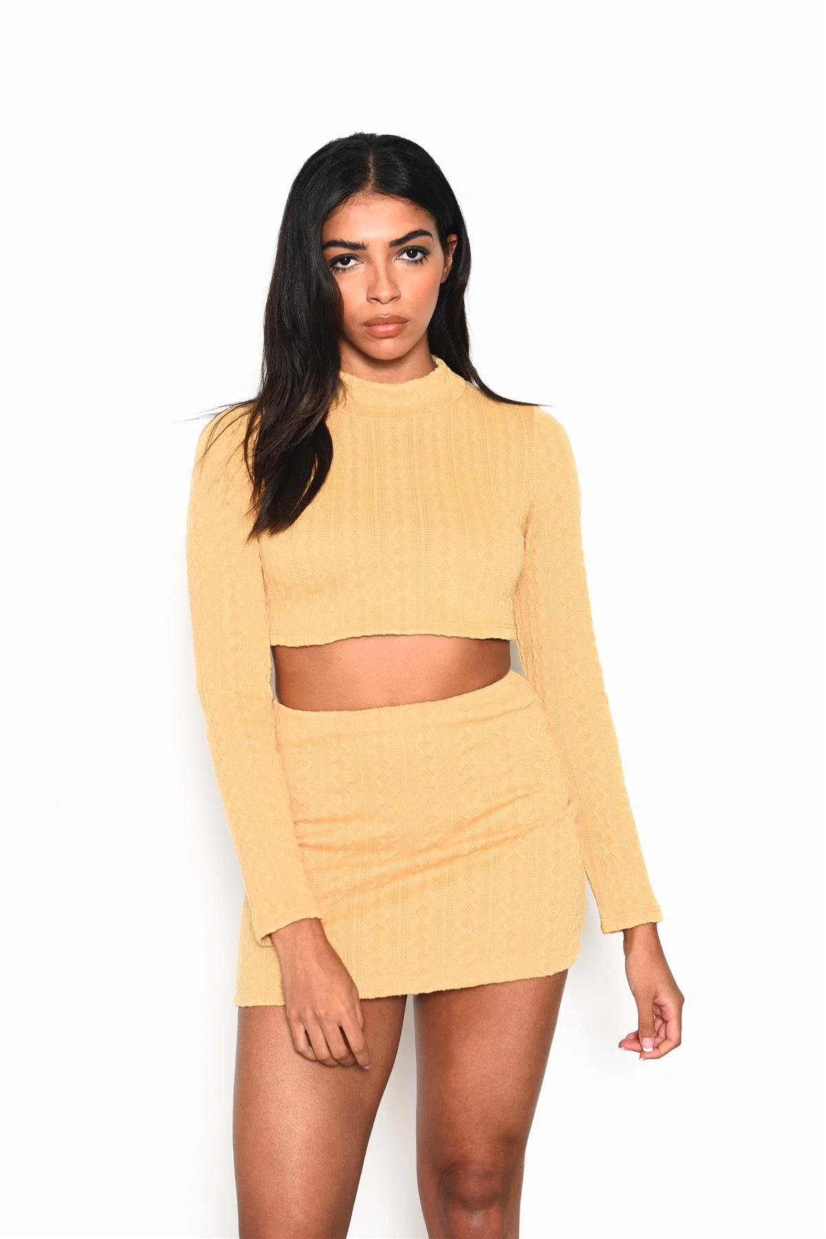 Golden-Yellow Cable-Knit-Long-Sleeve Crop-Top - Image 3