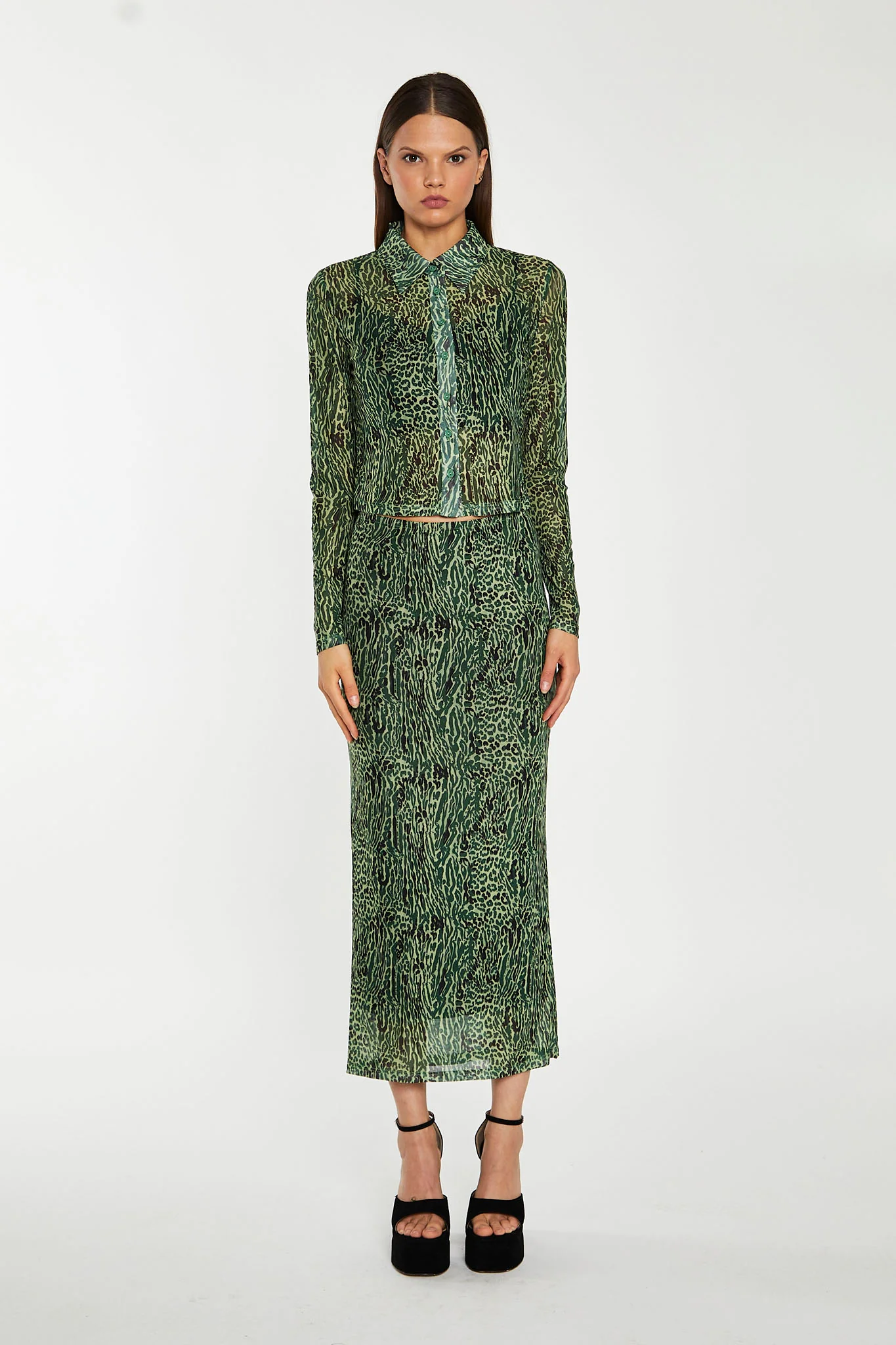 Green-Black Animal Mesh Pencil Midi-Skirt