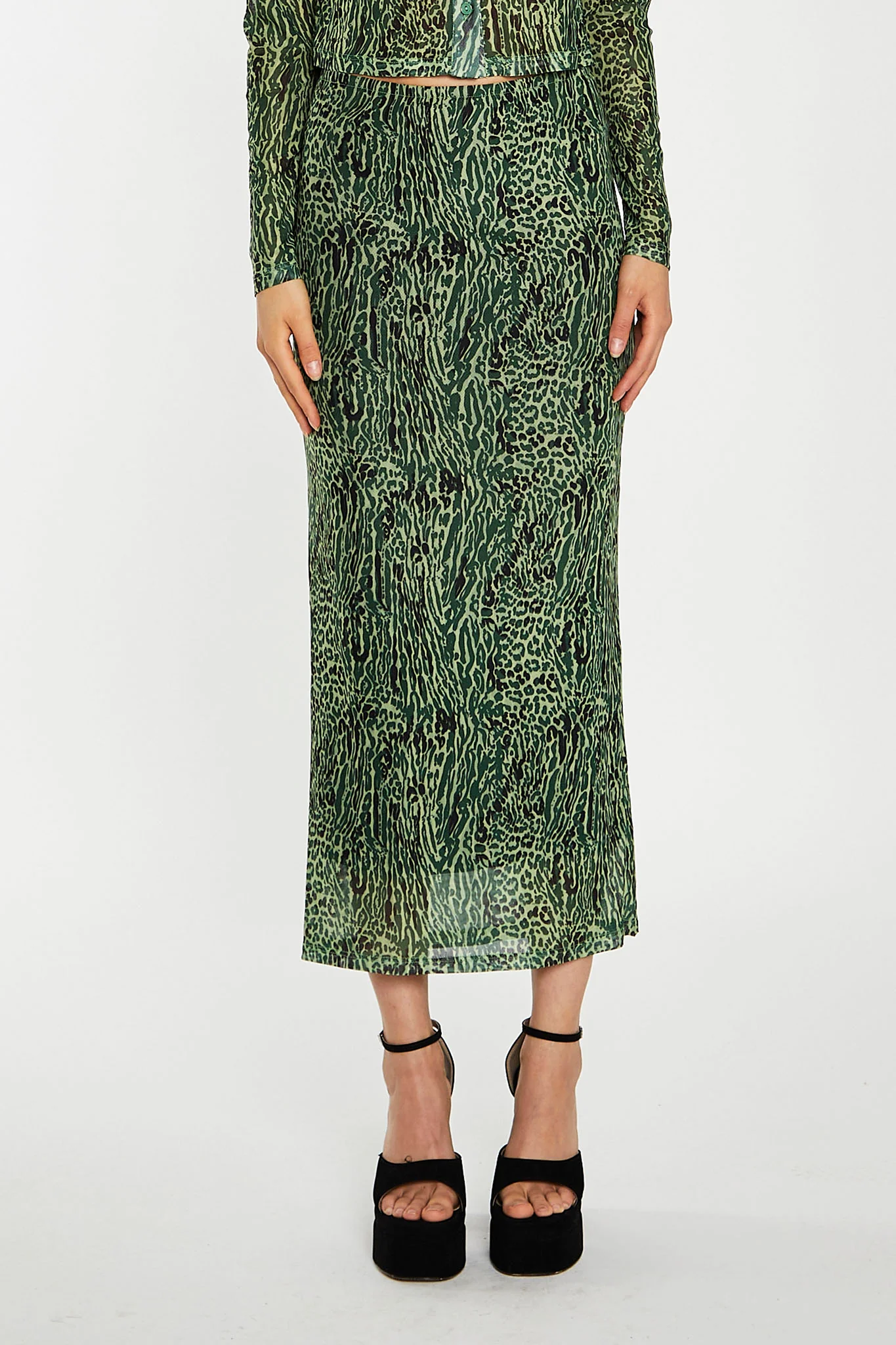 Green-Black Animal Mesh Pencil Midi-Skirt - Image 4