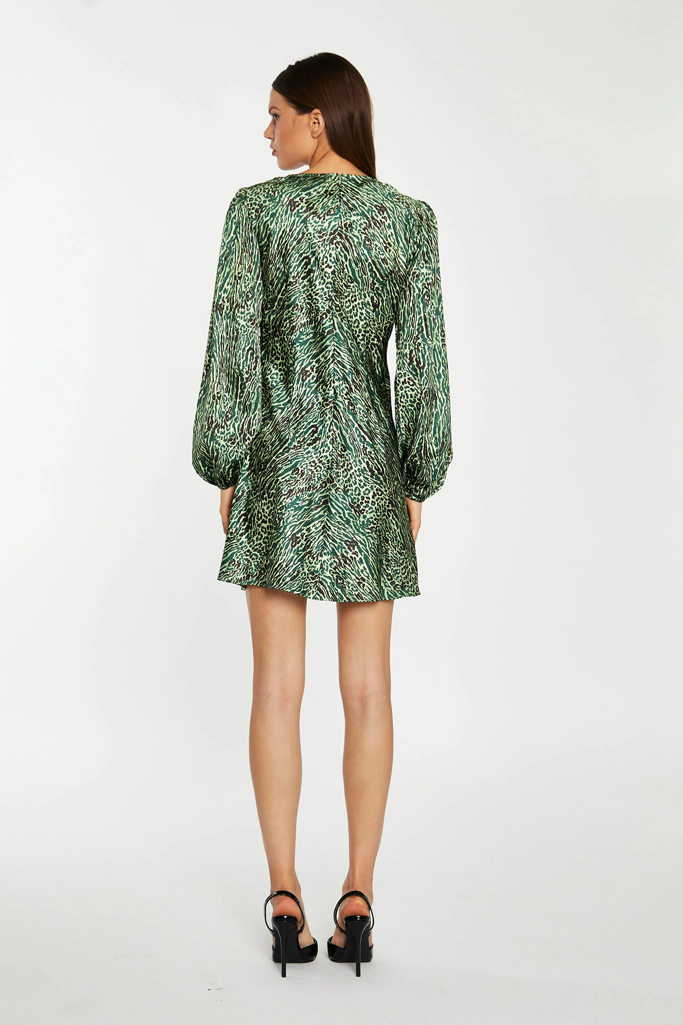 Green-Black Animal V-Neck Puff-Sleeve Mini-Dress - Image 2