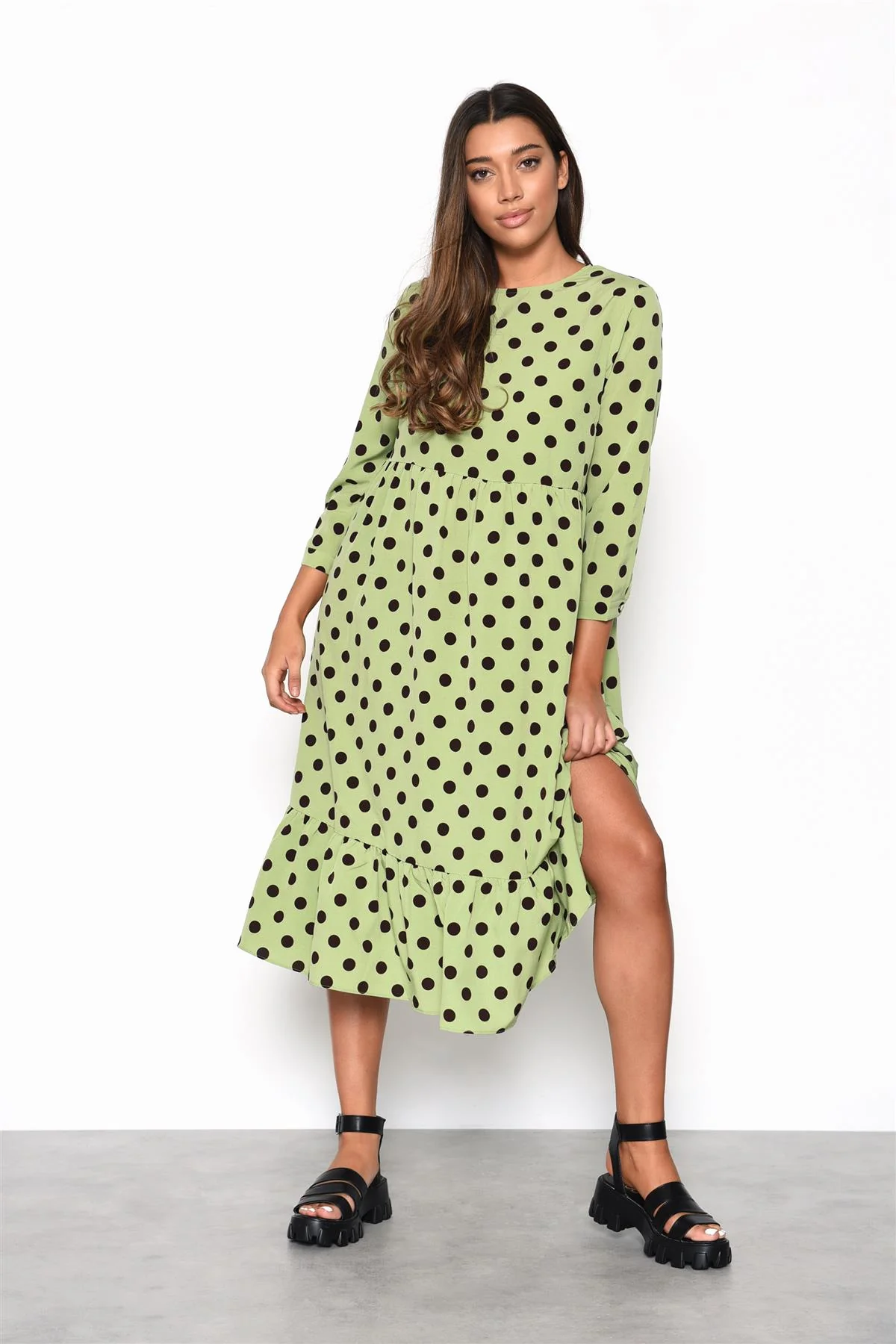 Green Brown Polka Dot Frill Midi Dress - Image 3