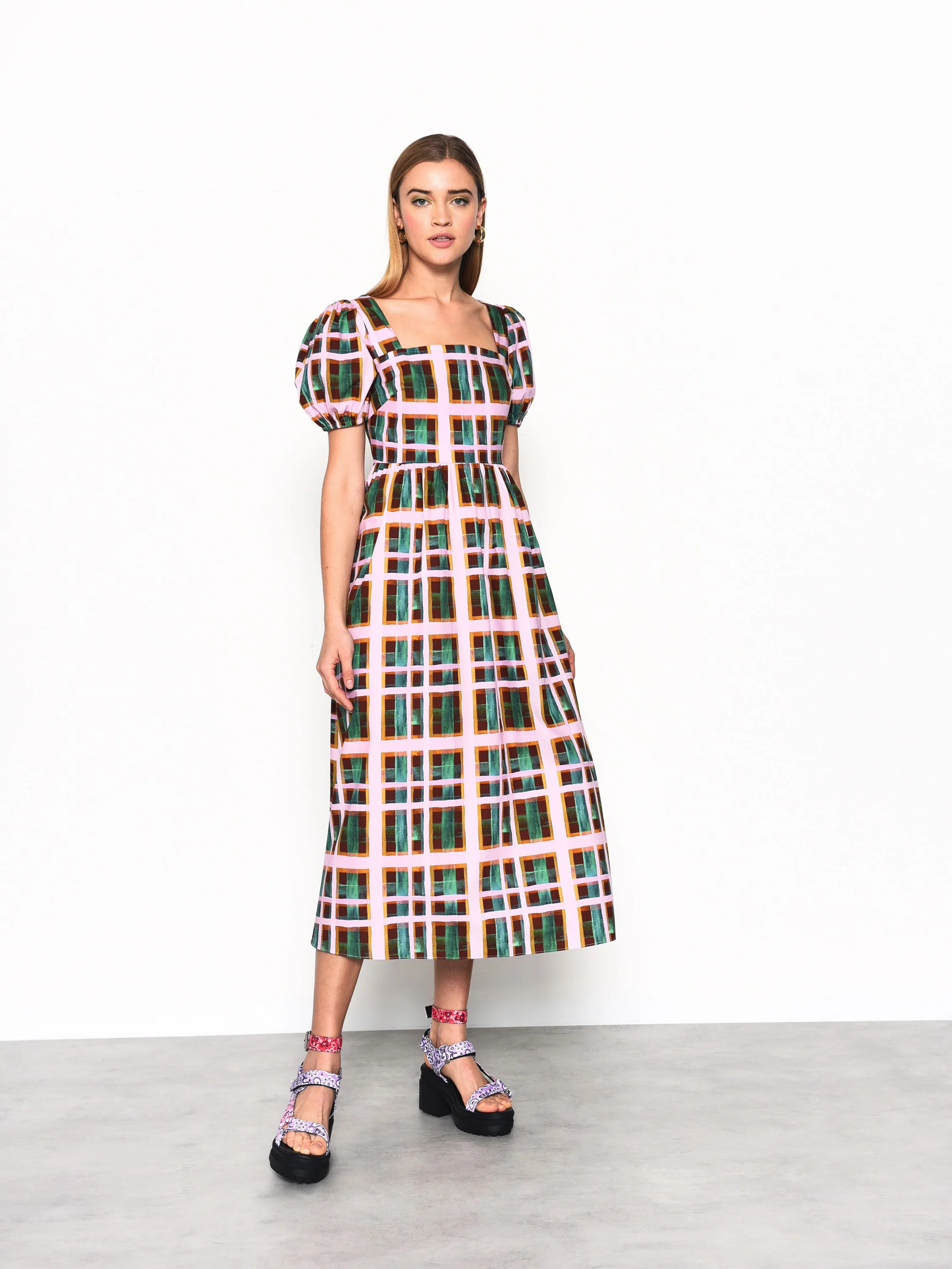 Green Orchid Check Puff Sleeve Midi Dress - Image 3