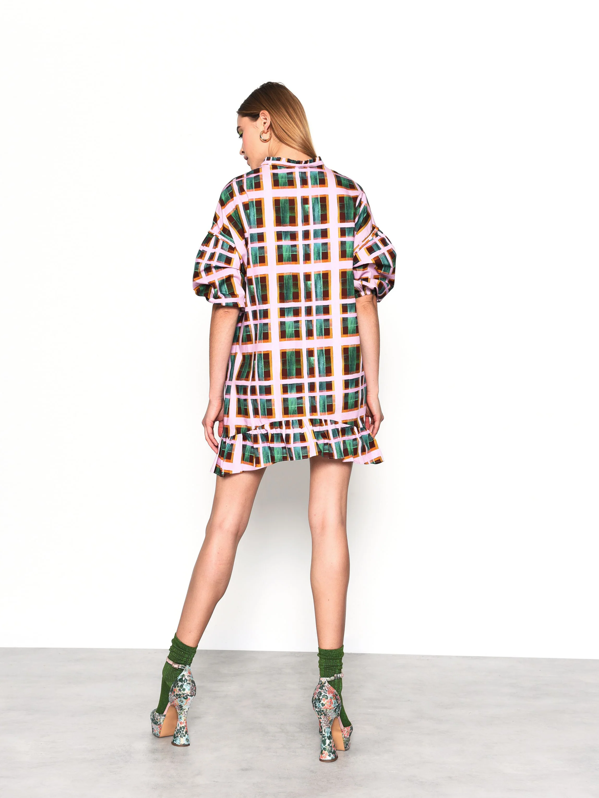 Glamorous Green Check Puff Sleeve Mini Smock Dress - Image 2