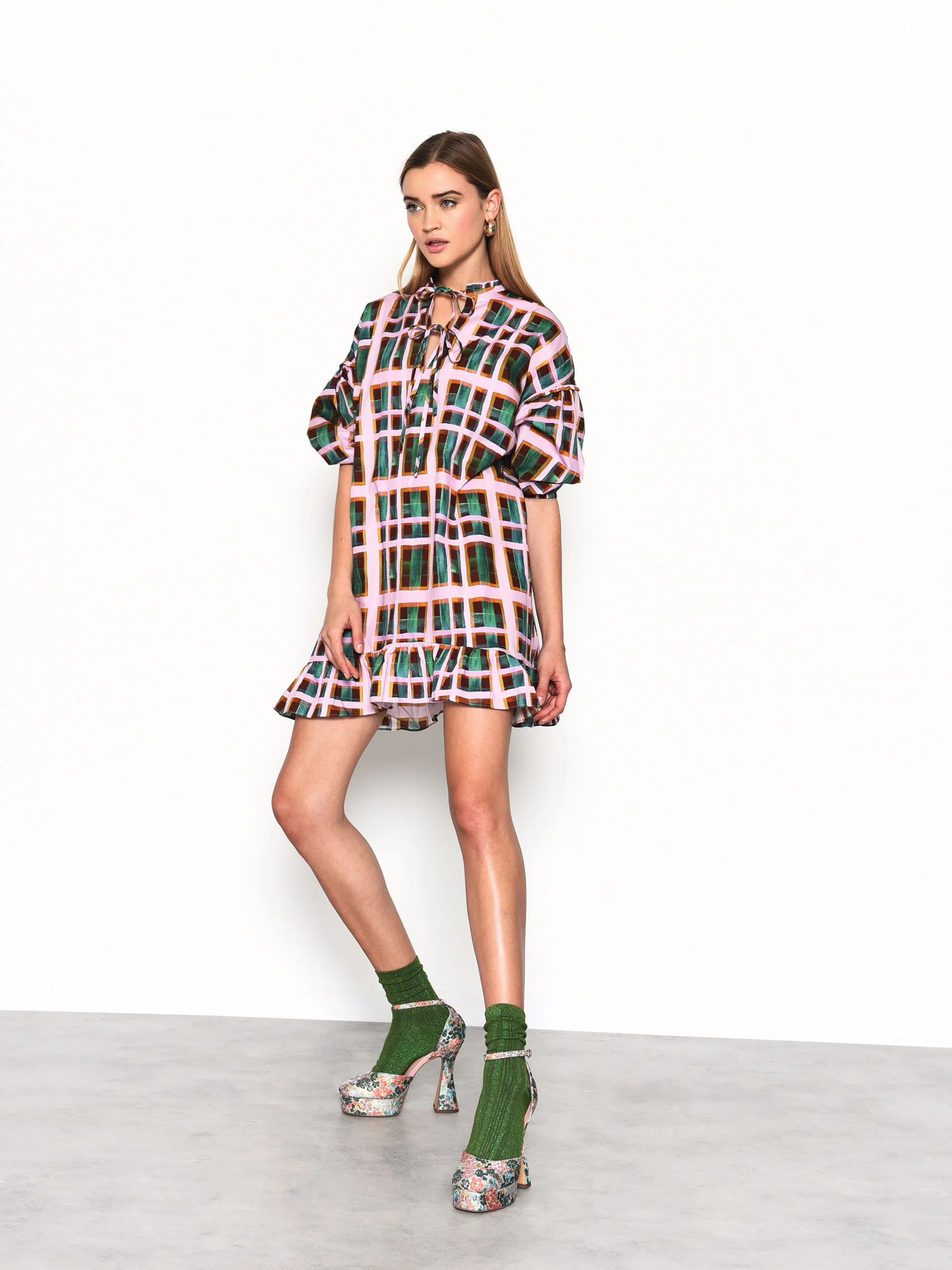 Glamorous Green Check Puff Sleeve Mini Smock Dress - Image 3