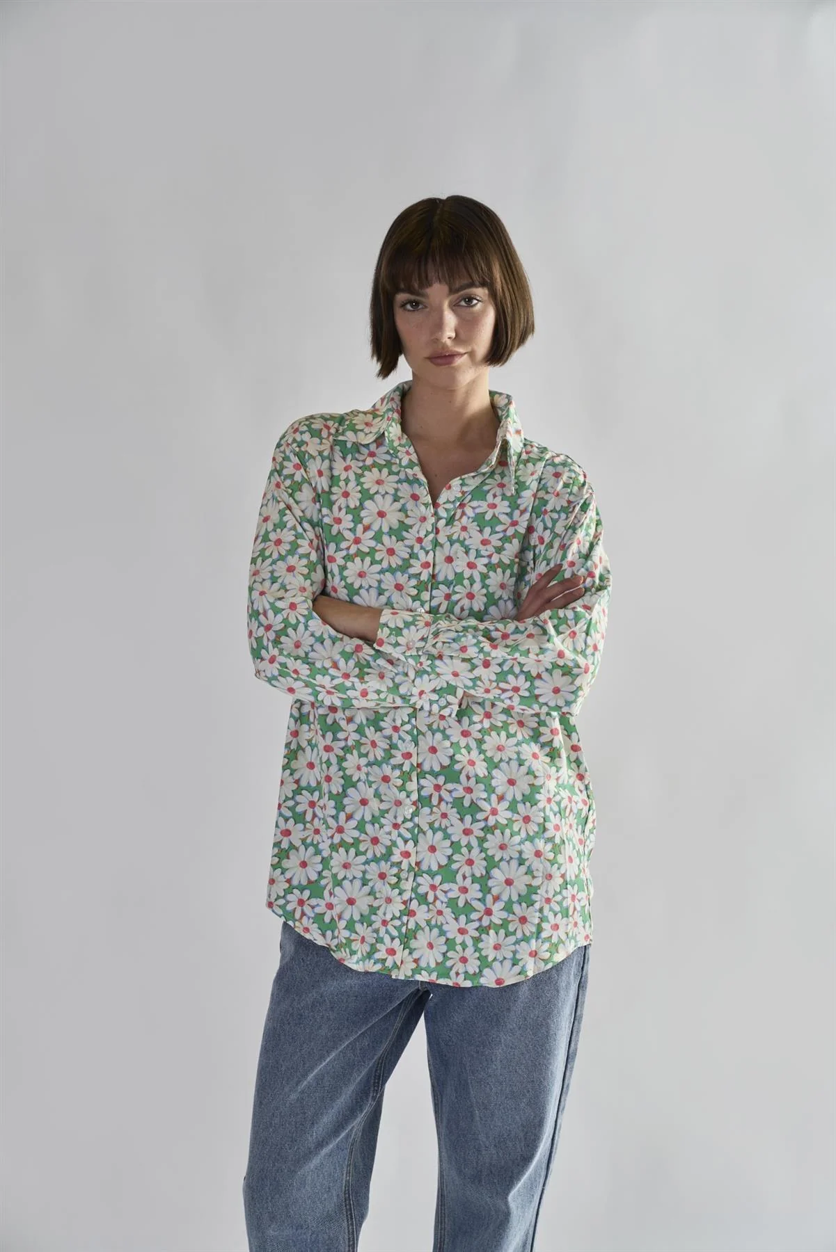 Green Daisy Collared Long Sleeve Tops - Image 2
