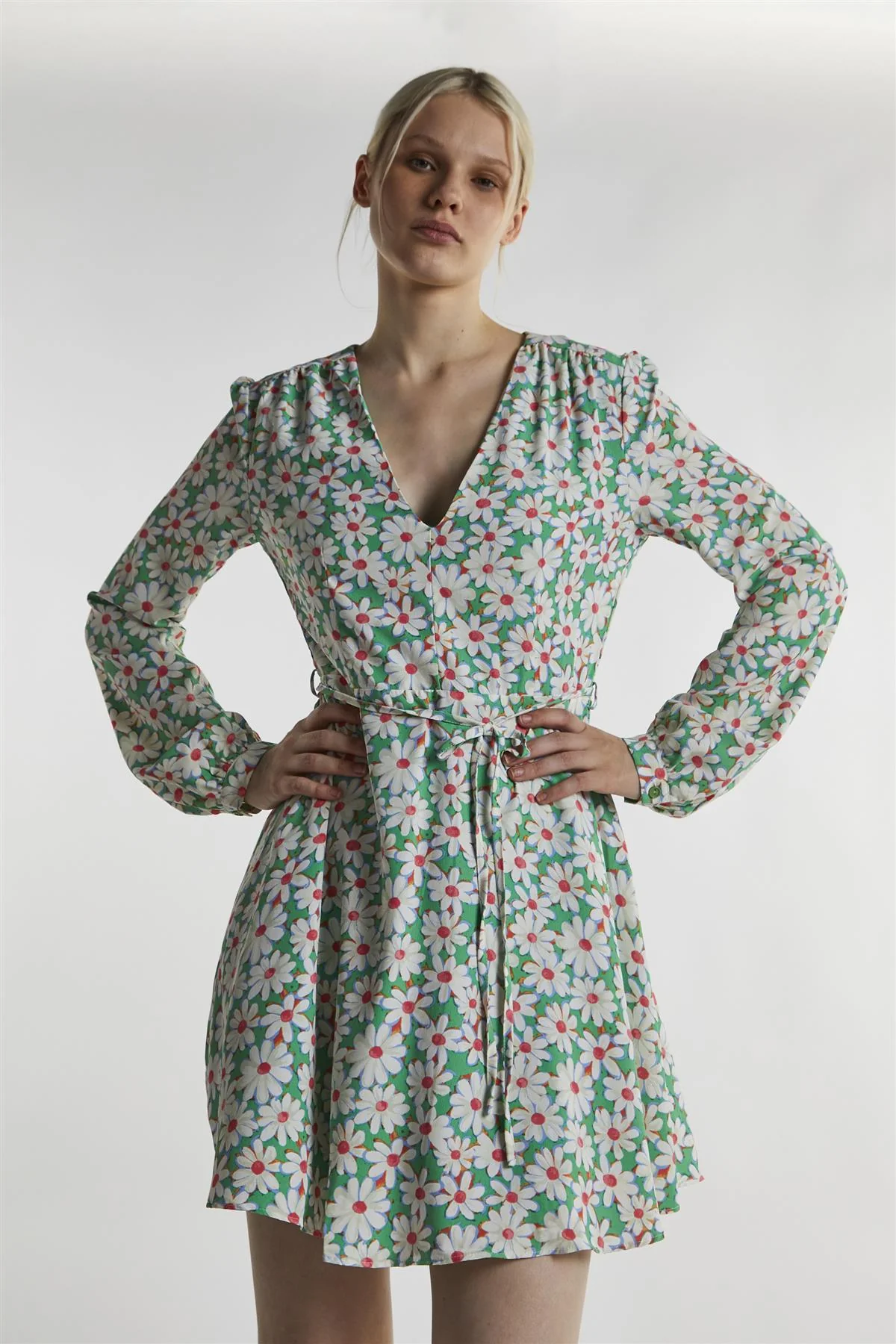 Green-Daisy Long Sleeve Mini-Dress - Image 3