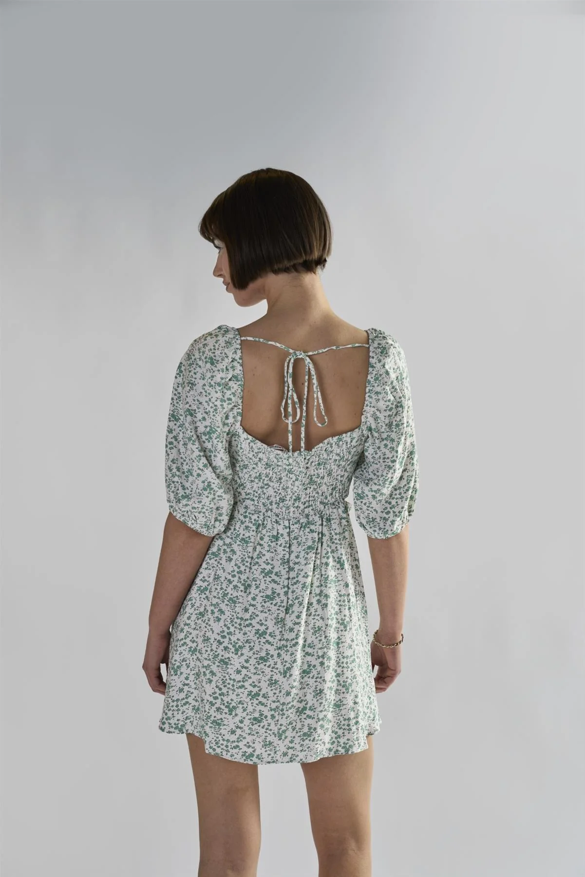 Green Ditsy Tie Back Square Neck Mini Dresses - Image 2