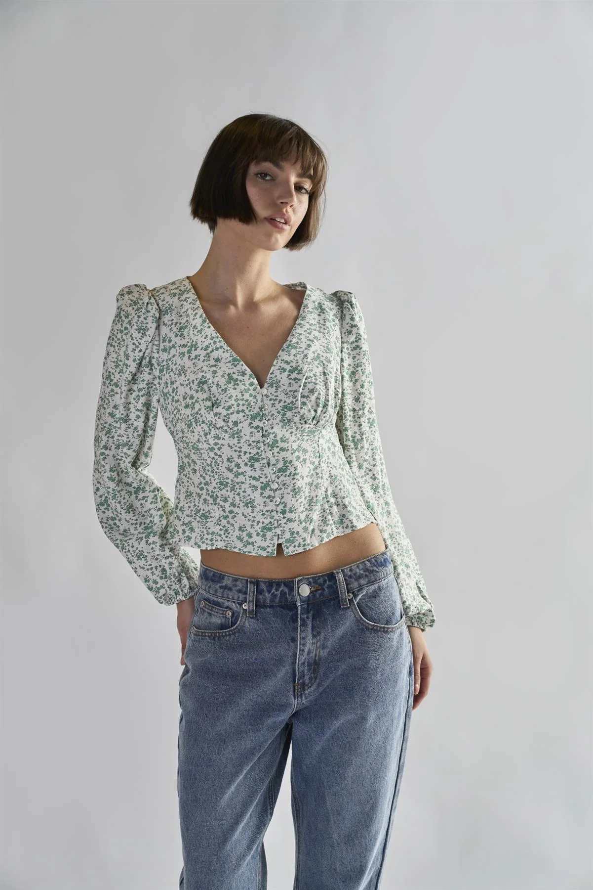 Green-Ditsy V-Neck-Blouse - Image 3