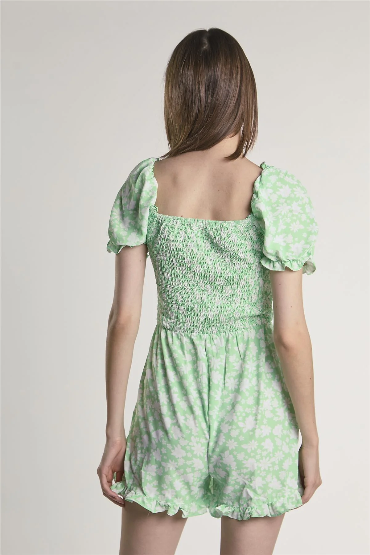 Green-Floral Square-Neck Short Sleeve-Playsuit - Image 2