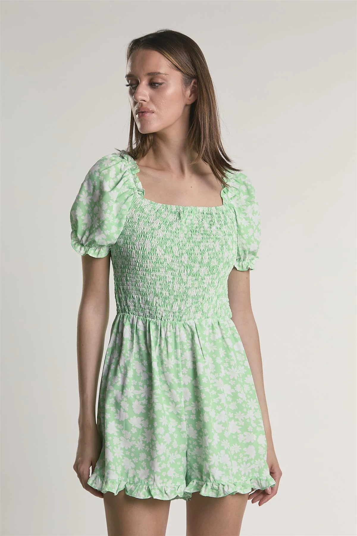 Green-Floral Square-Neck Short Sleeve-Playsuit - Image 3