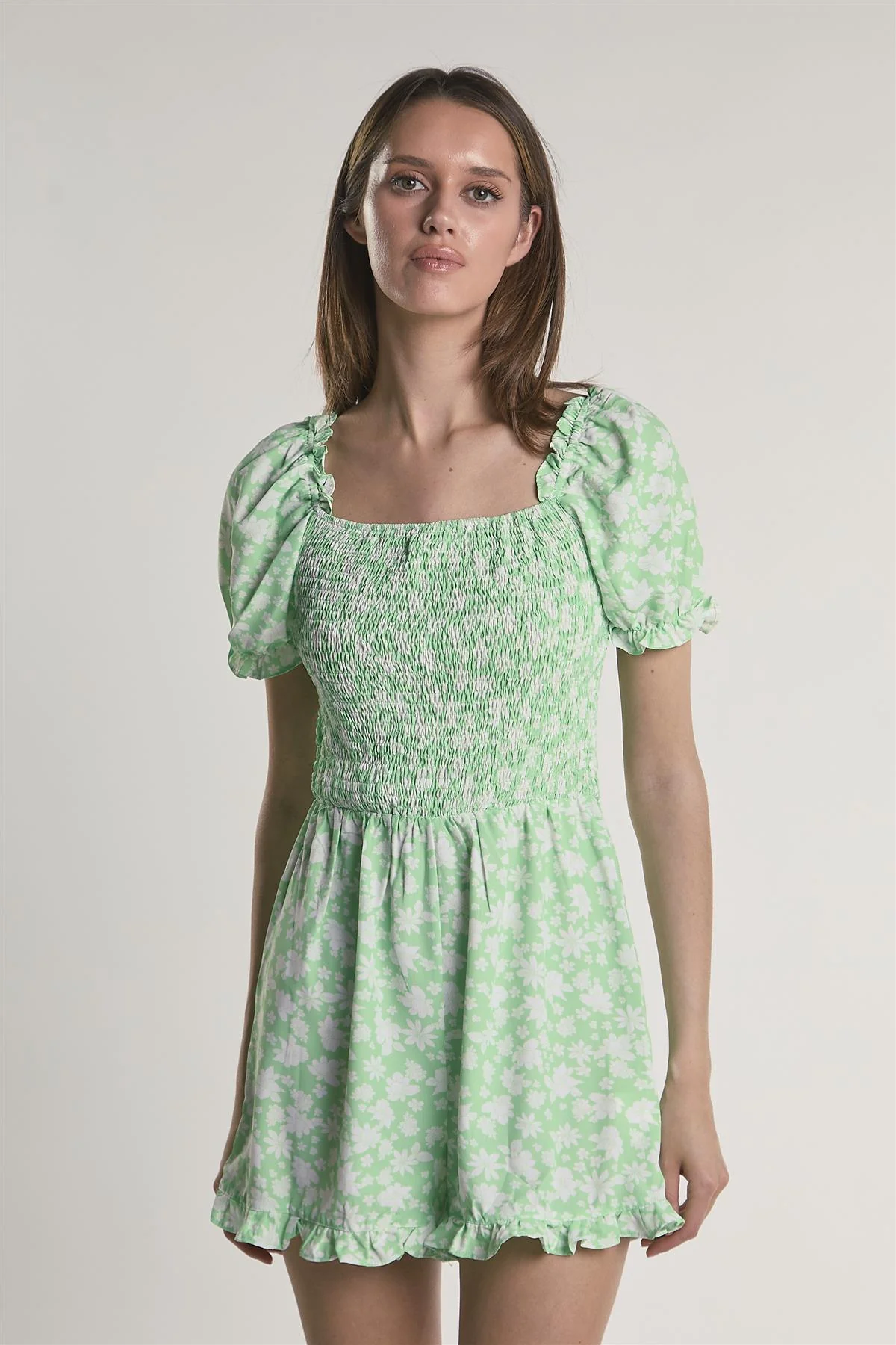 Green-Floral Square-Neck Short Sleeve-Playsuit - Image 5
