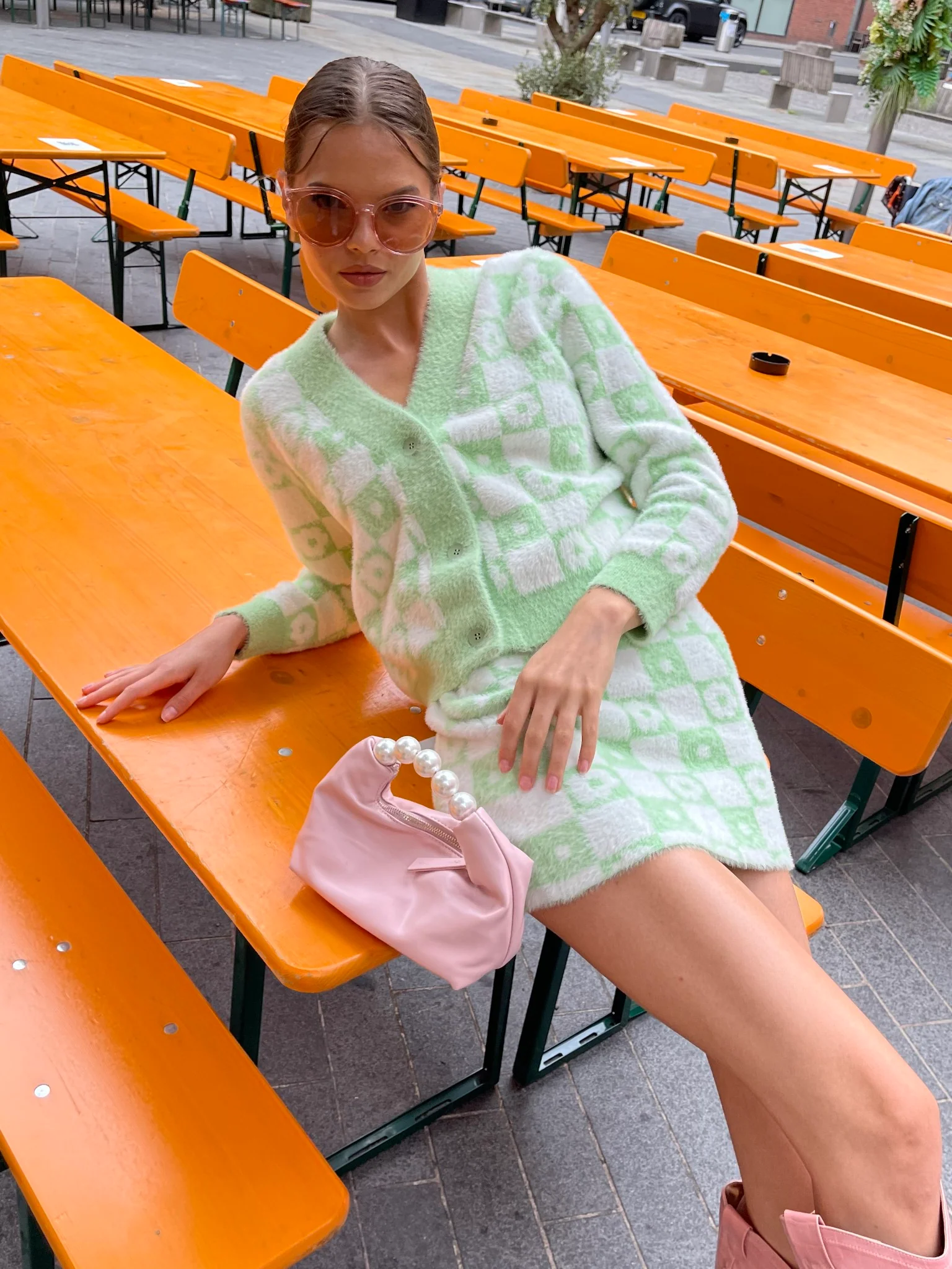 Green Flower Check Knitted Cardigan - Image 4