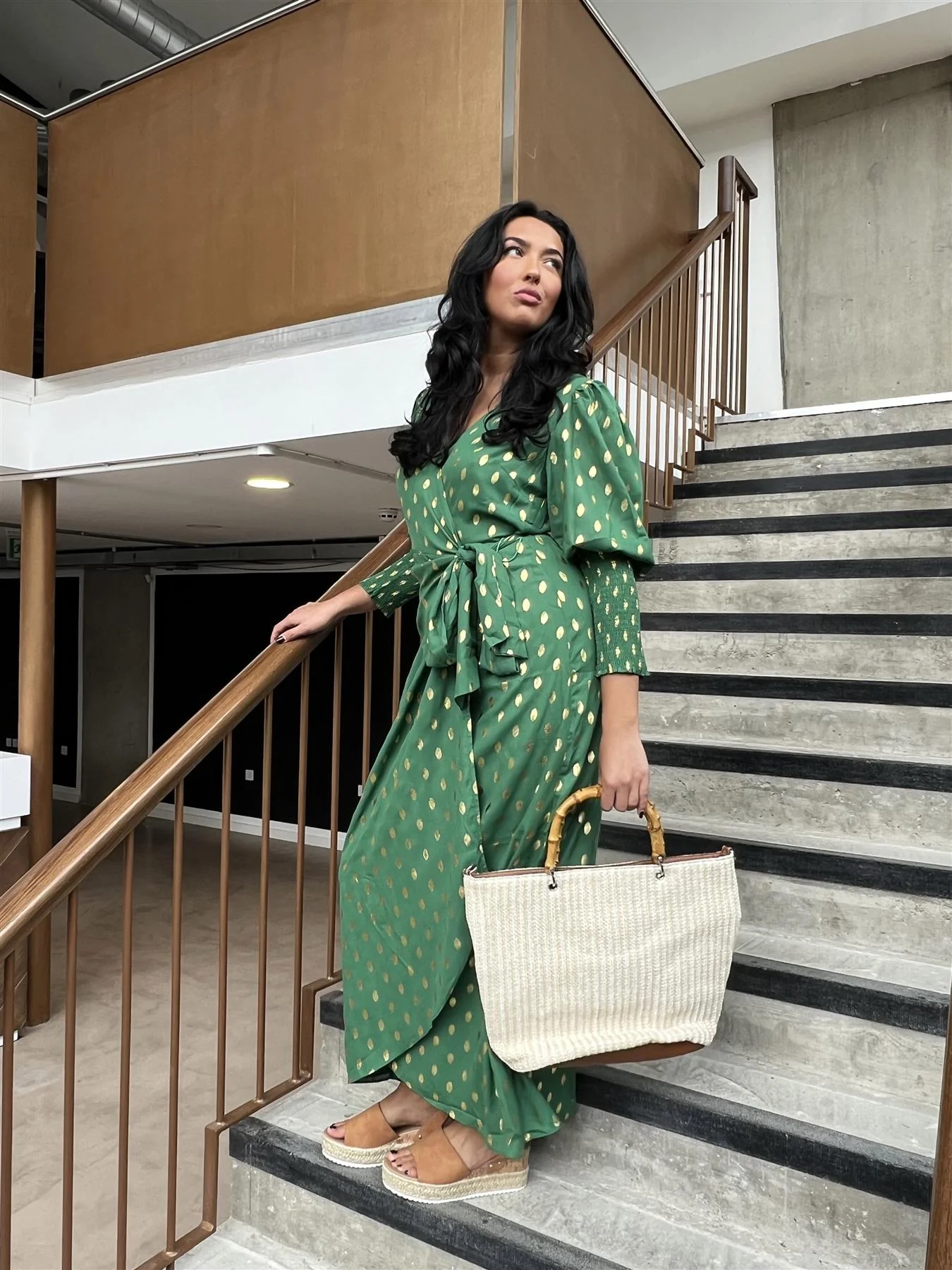 Green Mini Dot Long Sleeve Wrap Dress - Image 2