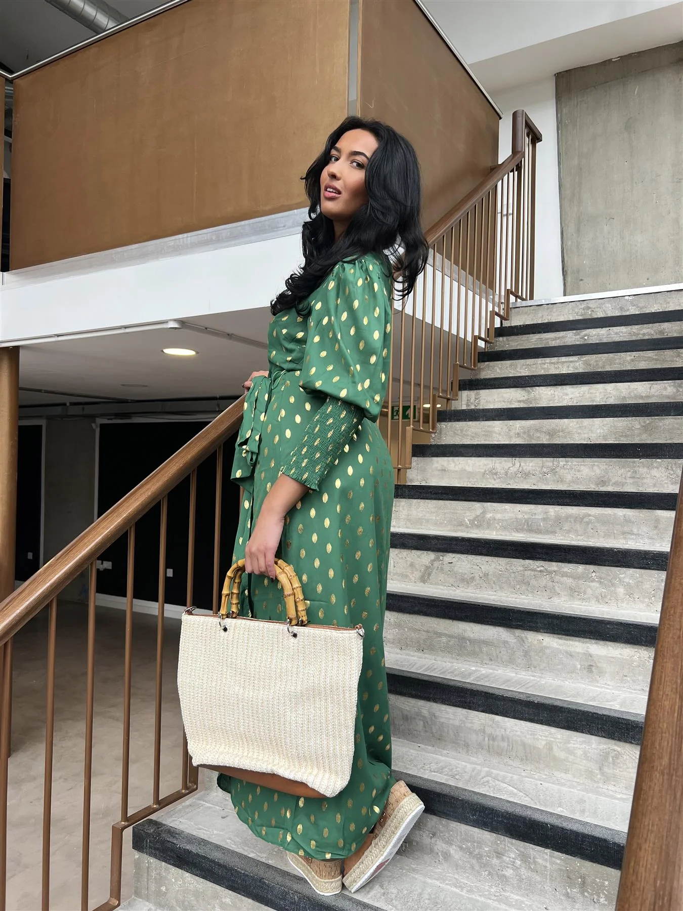 Green Mini Dot Long Sleeve Wrap Dress - Image 3