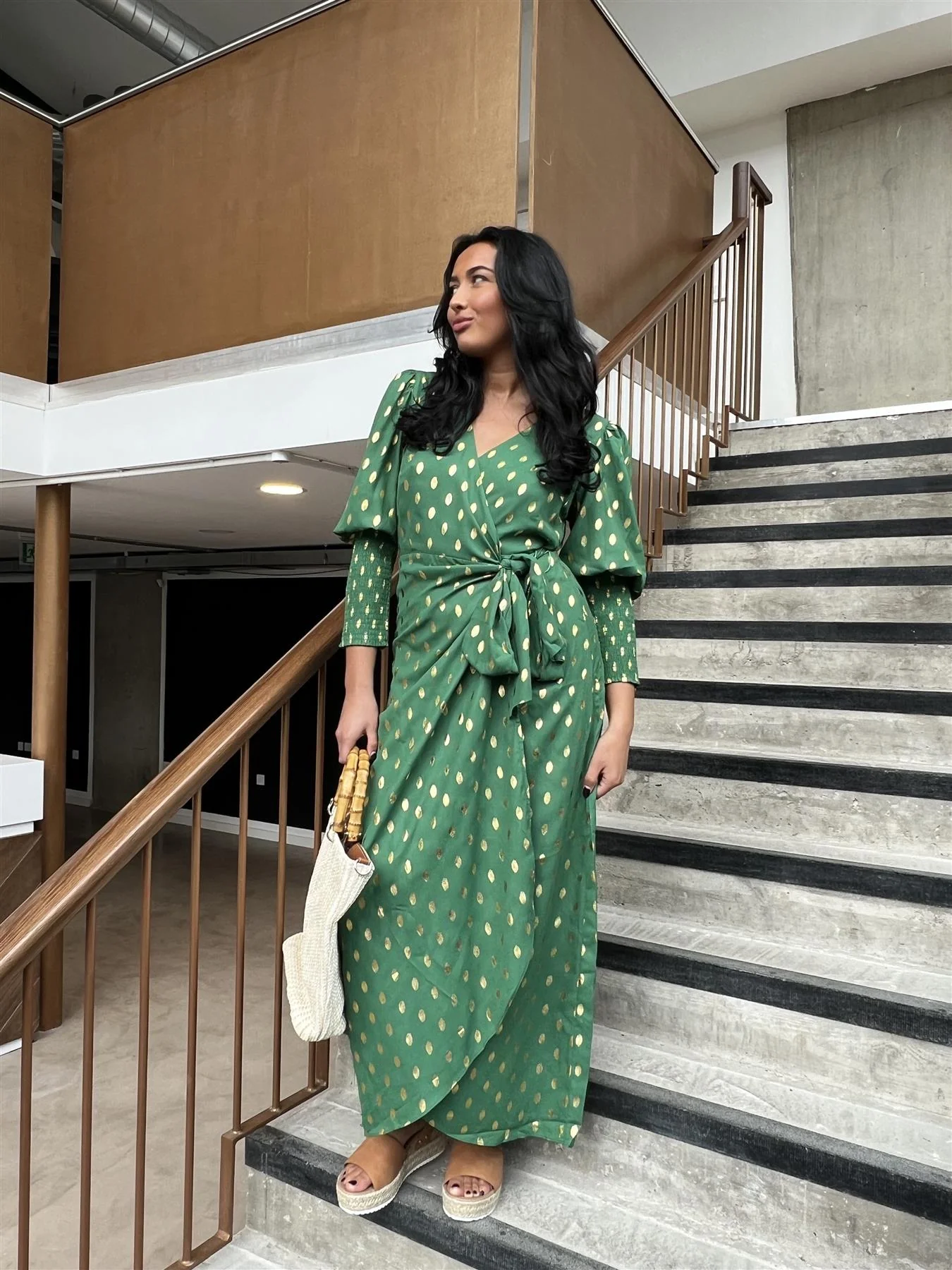 Green Mini Dot Long Sleeve Wrap Dress - Image 4
