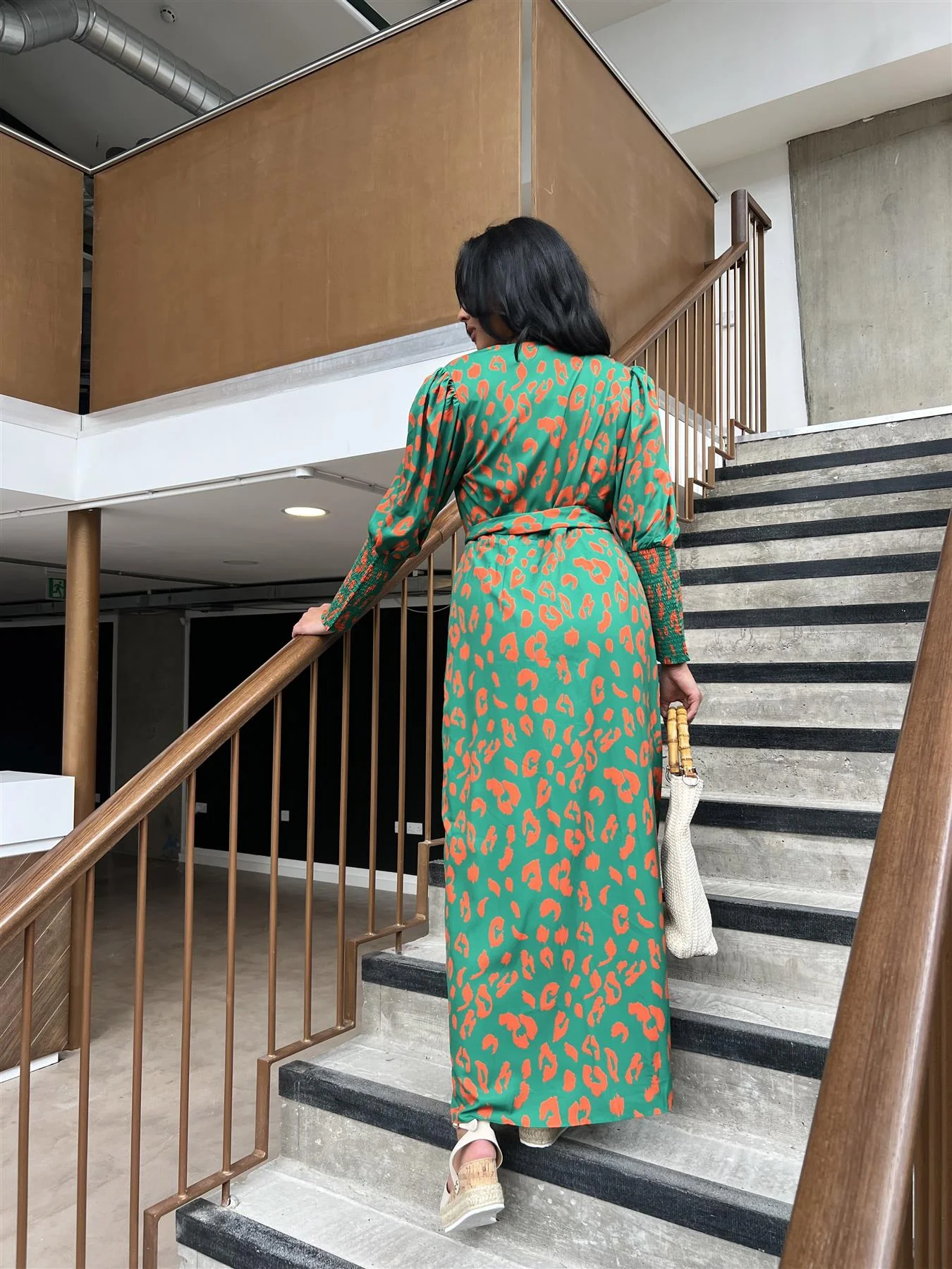 Green-Orange Leopard Wrap Midi-Dress - Image 2