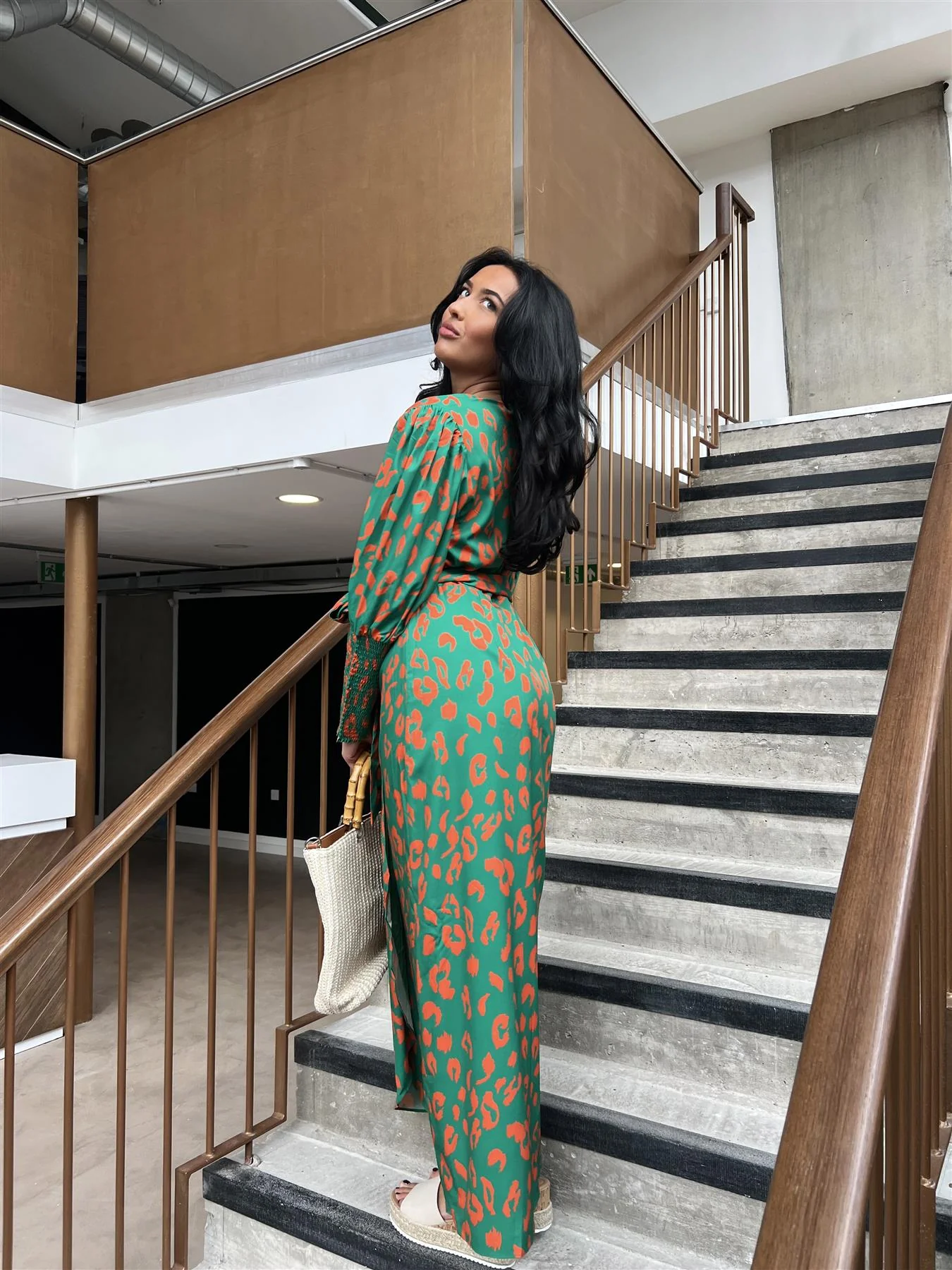 Green-Orange Leopard Wrap Midi-Dress - Image 5