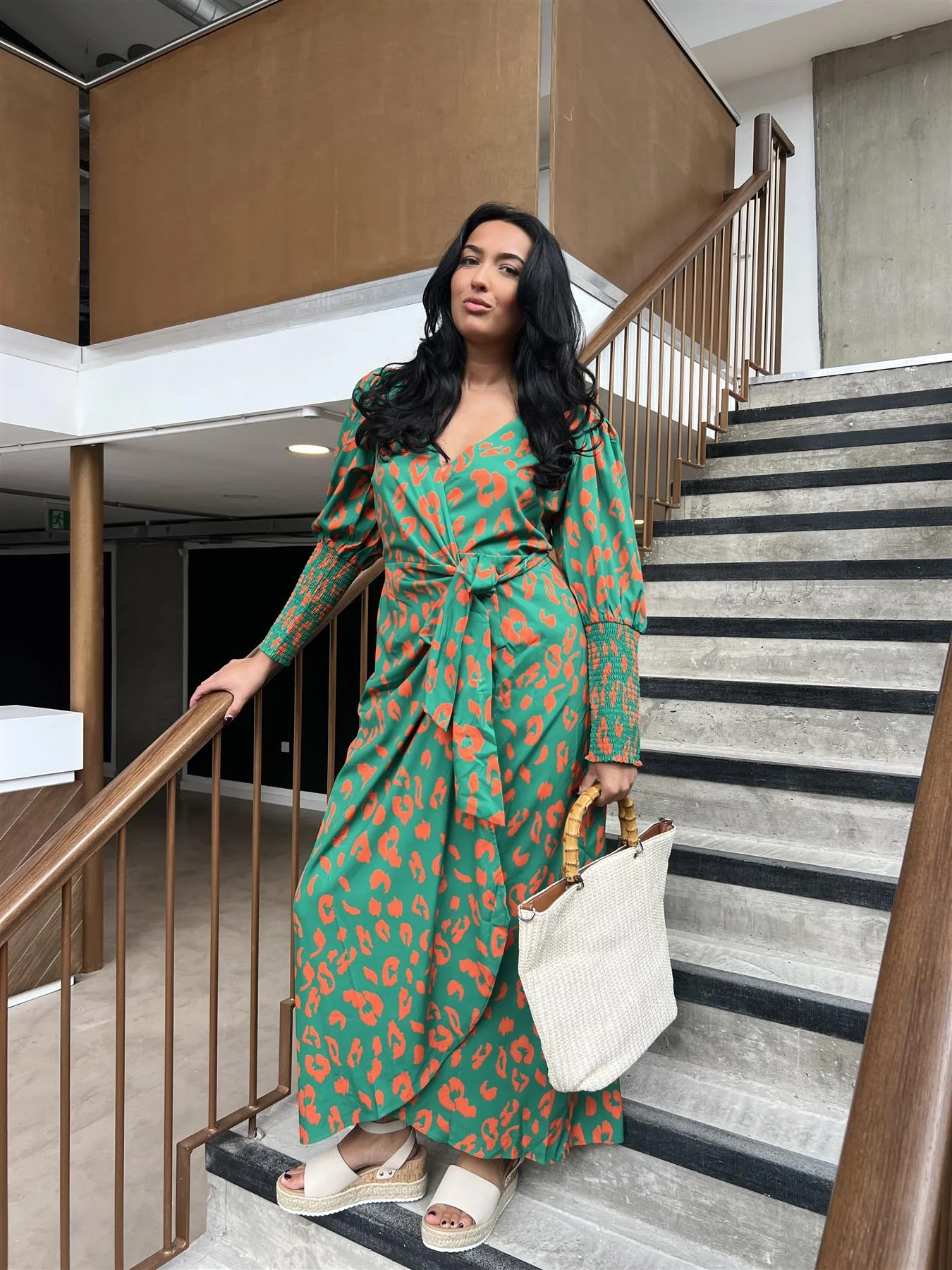 Green-Orange Leopard Wrap Midi-Dress - Image 6