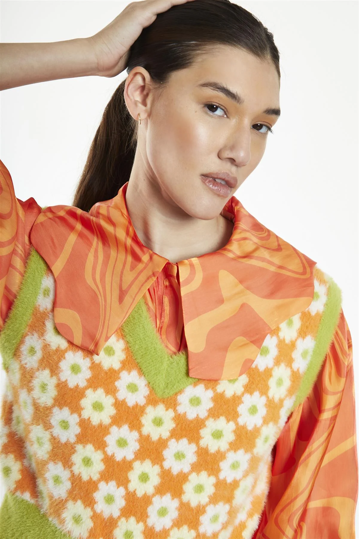 Green-Orange Multi-Flower V-Neck Knitted-Vest - Image 3
