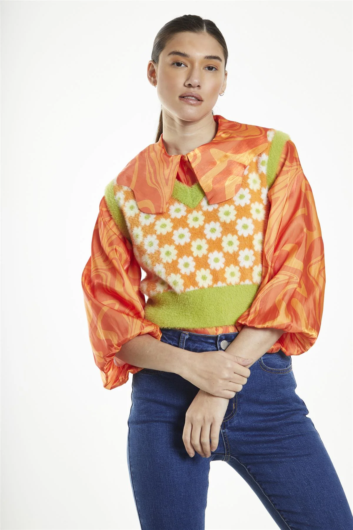 Green-Orange Multi-Flower V-Neck Knitted-Vest - Image 4