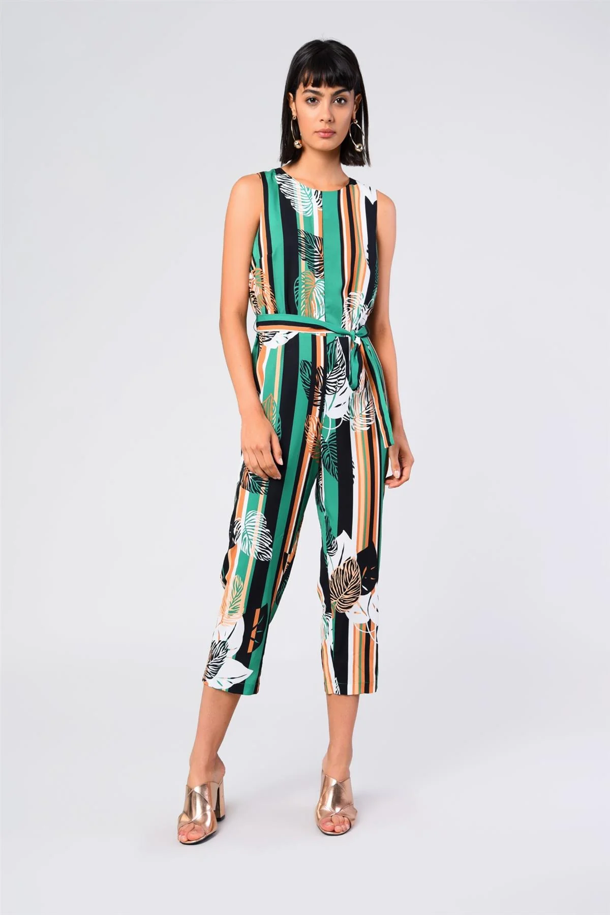 Green-Stripe Leaf Belted Jumpsuit - Image 3