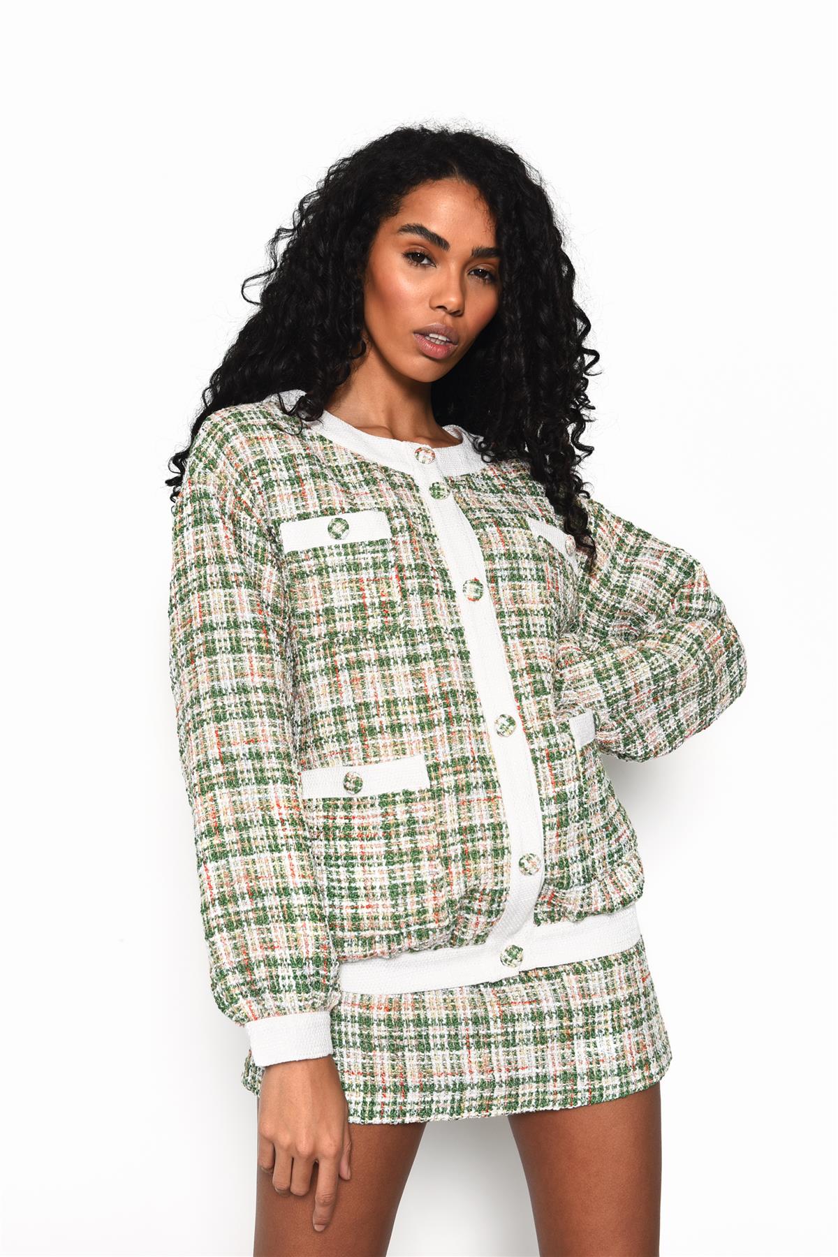 Green-Tweed-White Button-Front Long Sleeve-Jacket - Image 3