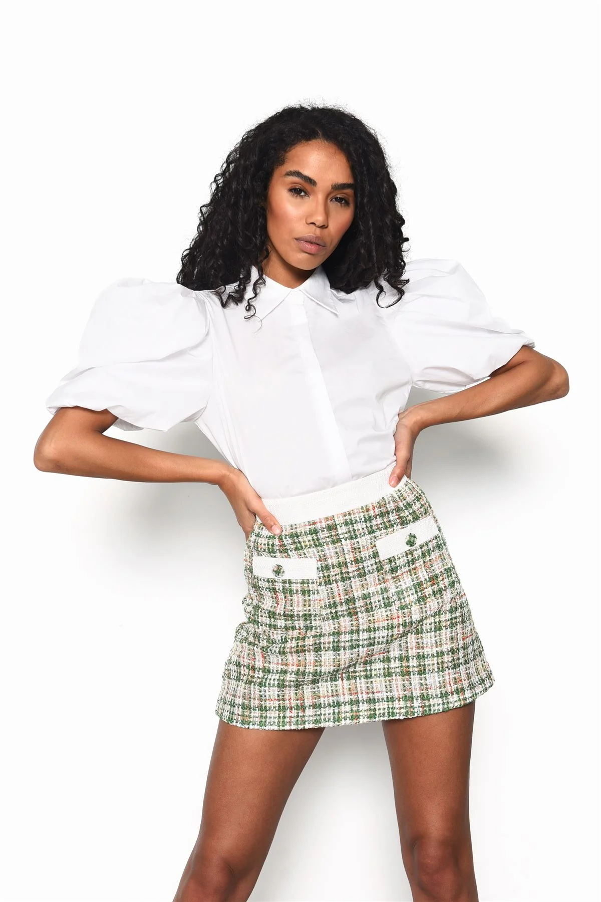 Green-Tweed-White High-Waisted Mini-Skirt - Image 4
