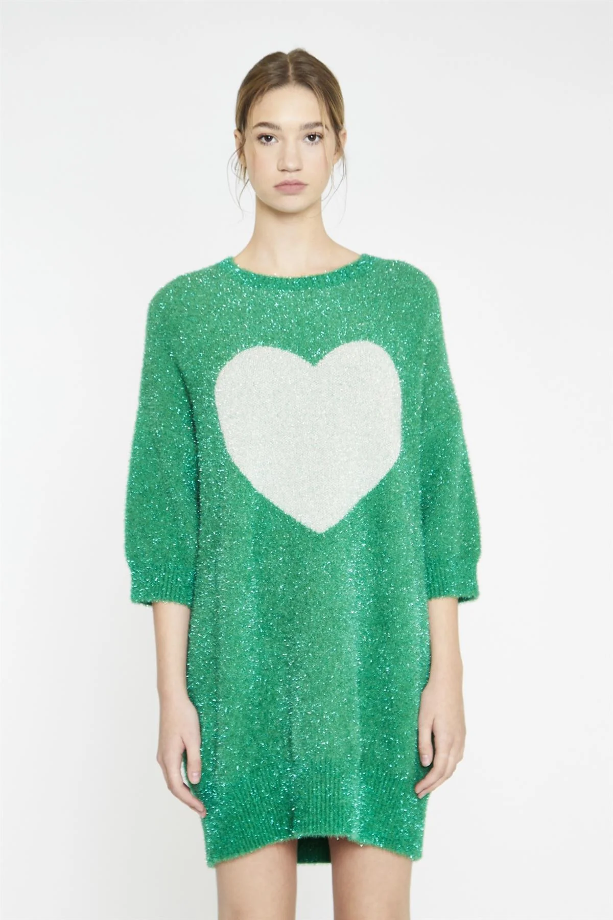 Green White Glitter Heart Sweater Mini-Dress - Image 3
