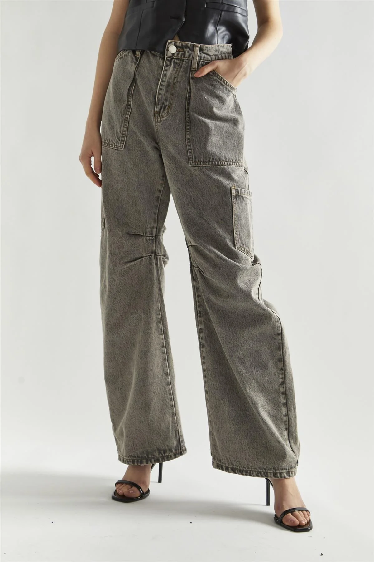 Grey Acid-Wash Denim Low-Rise Jeans - Image 3