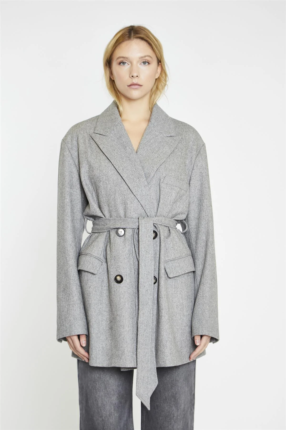 Grey Belted-Button-Front Oversized-Coat - Image 3