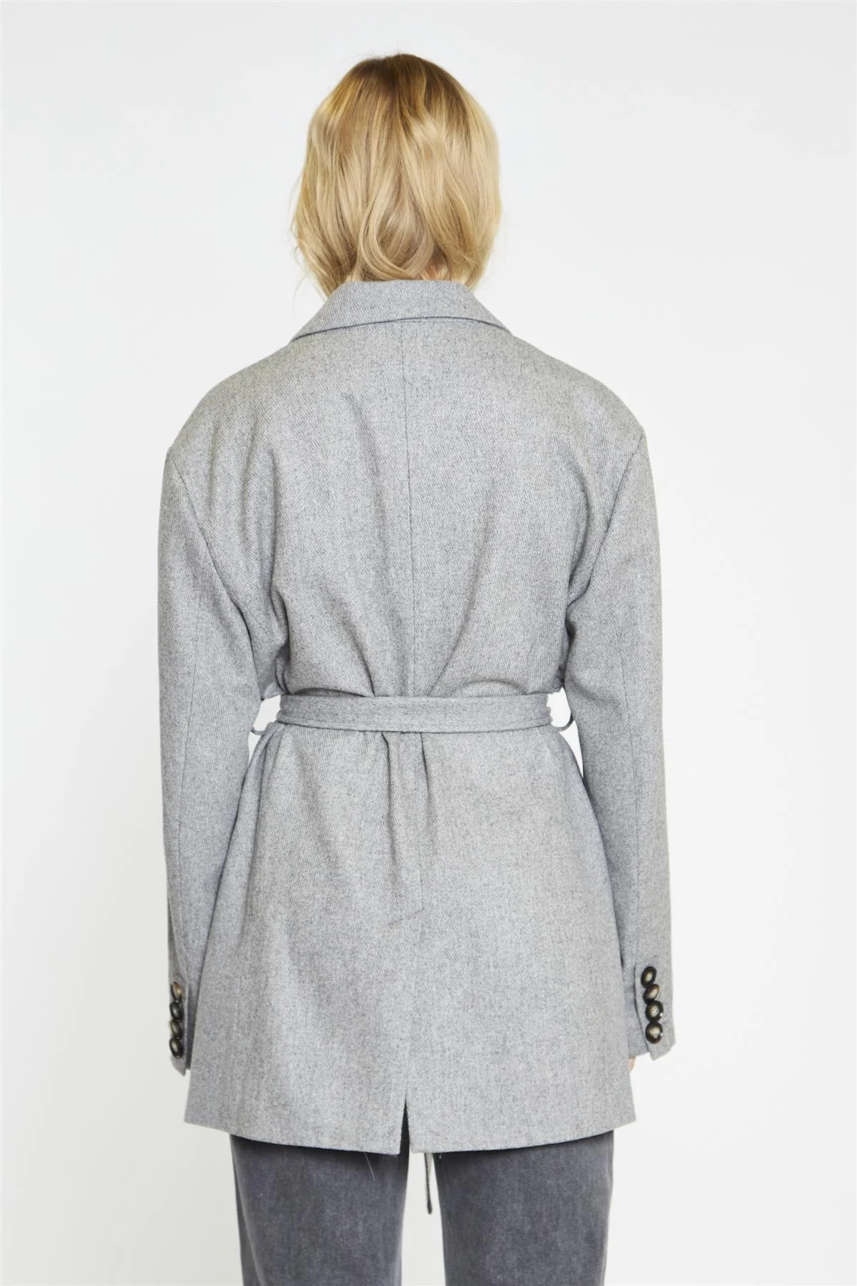 Grey Belted-Button-Front Oversized-Coat - Image 4
