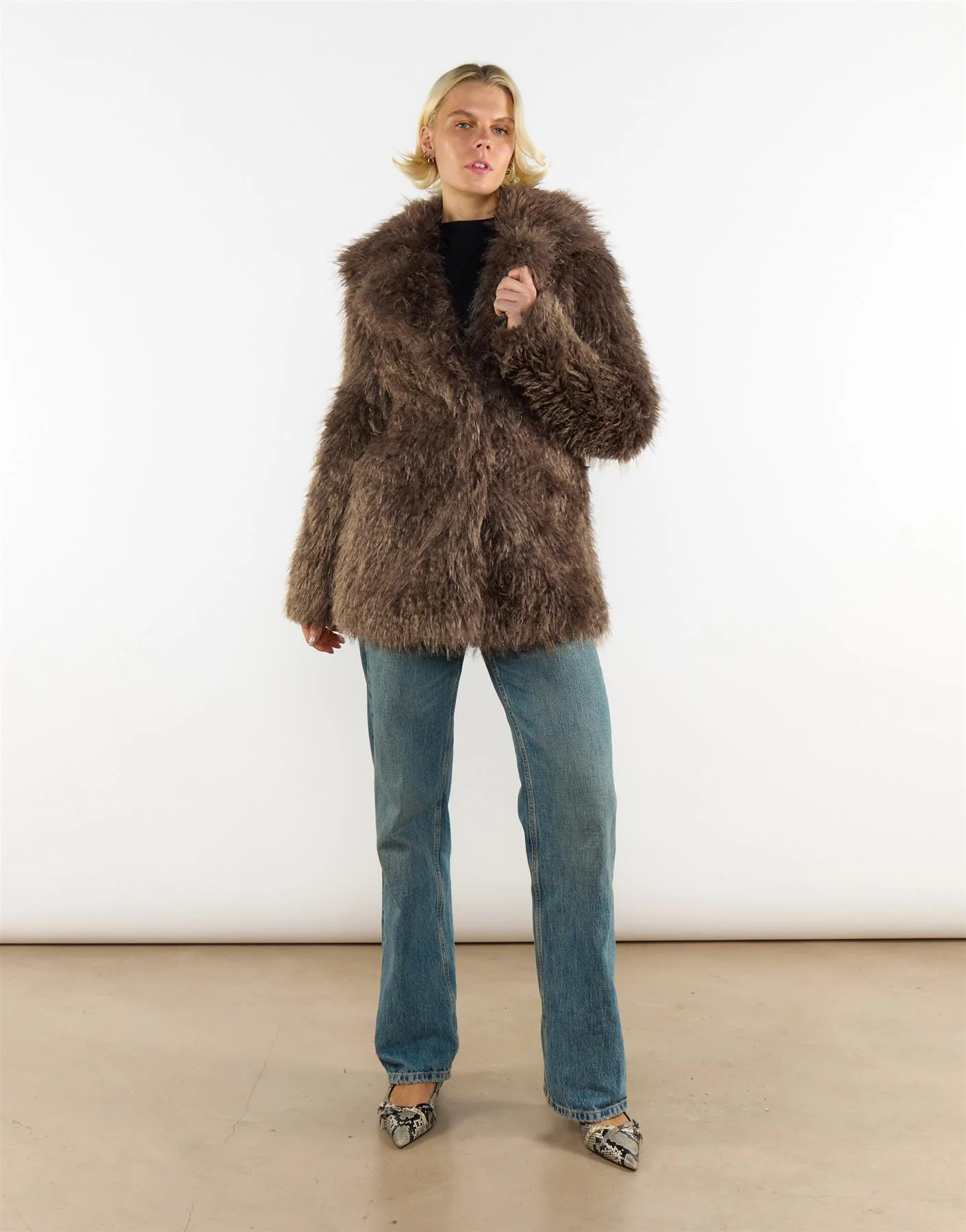 Grey Brown Collared Faux Fur-Coat