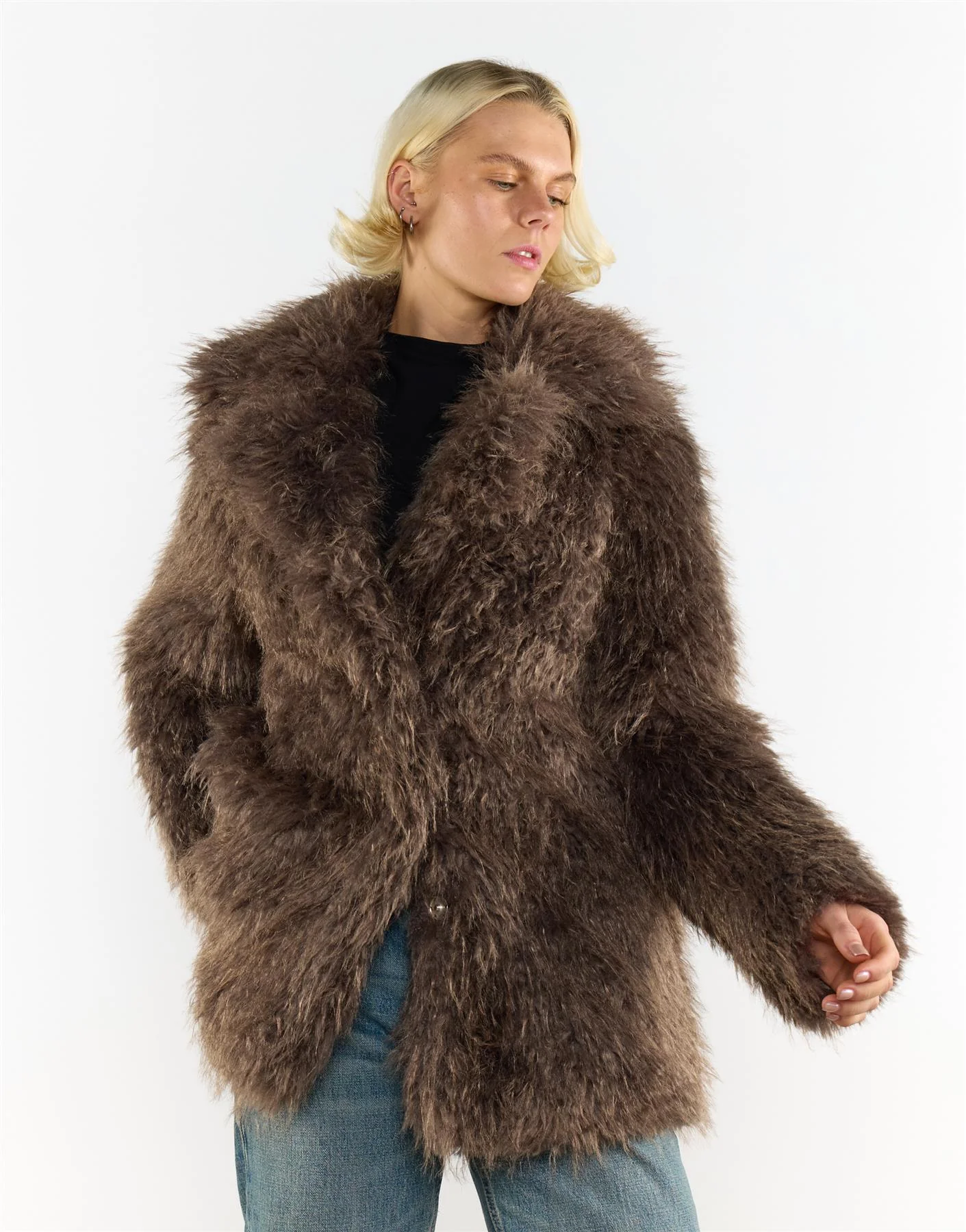 Grey Brown Collared Faux Fur-Coat - Image 3