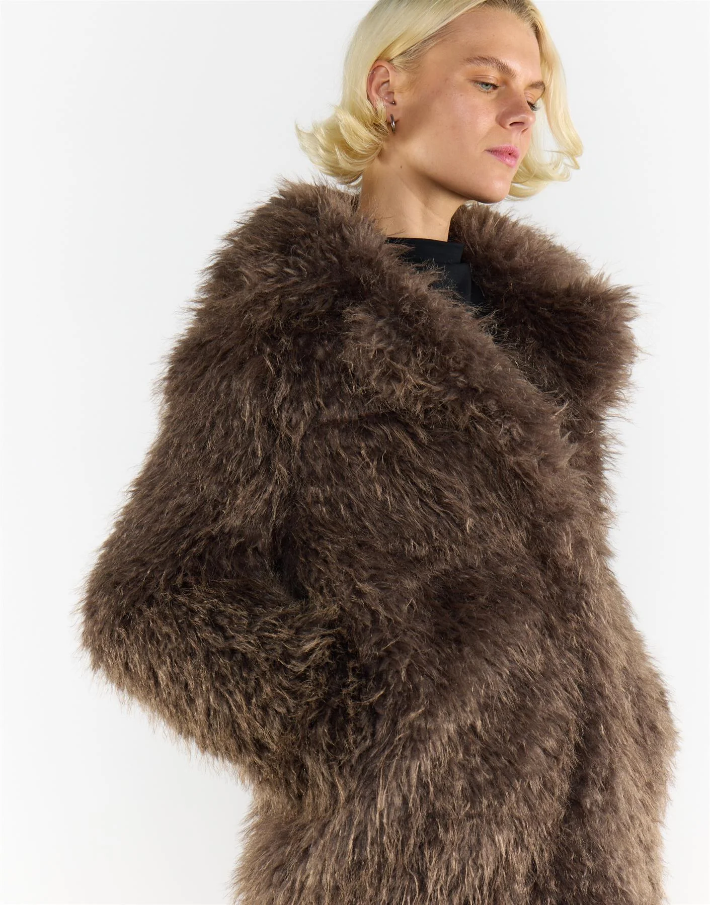 Grey Brown Collared Faux Fur-Coat - Image 4