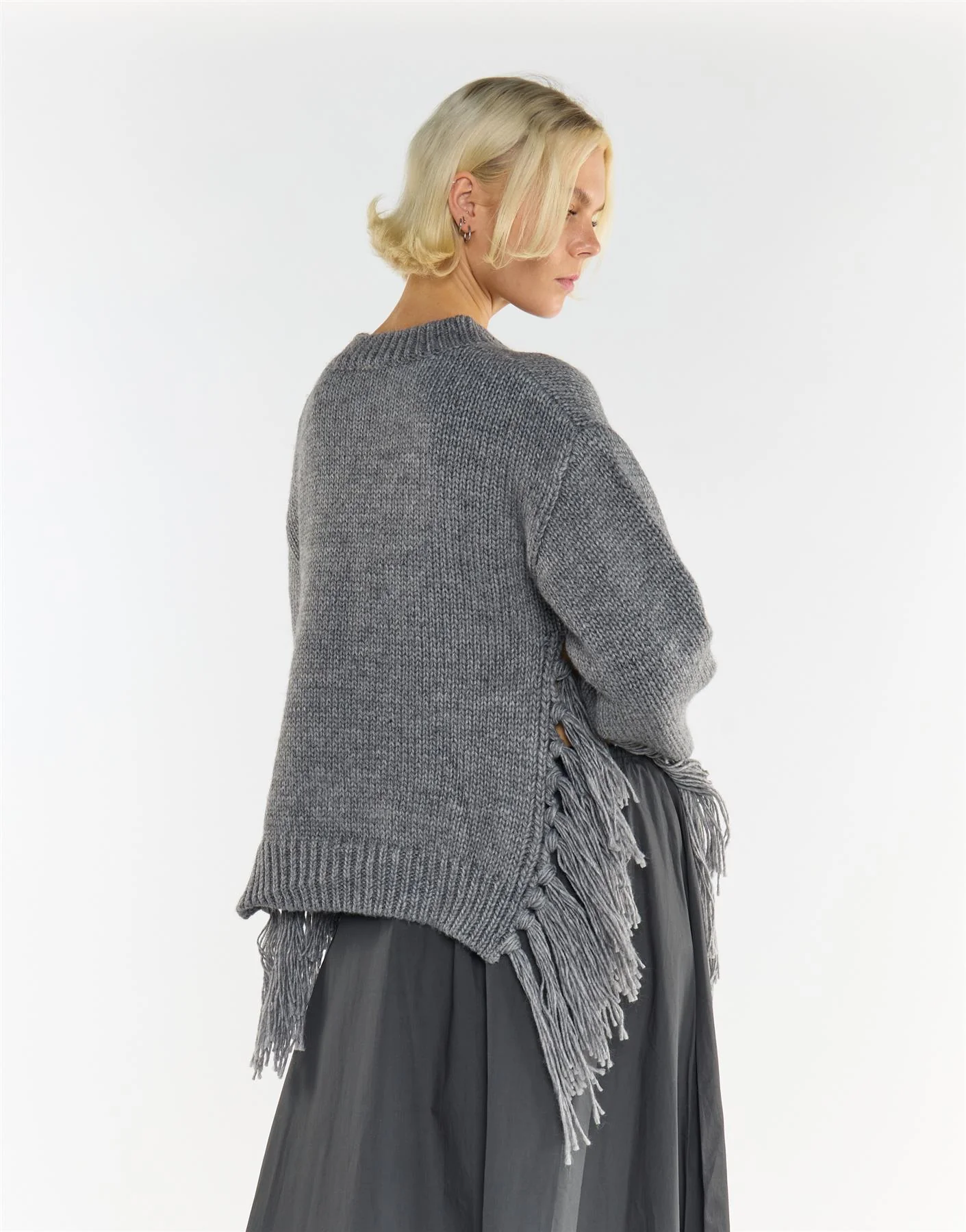 Grey Marl Fringe Trim Crew-Neck Jumper - Image 4