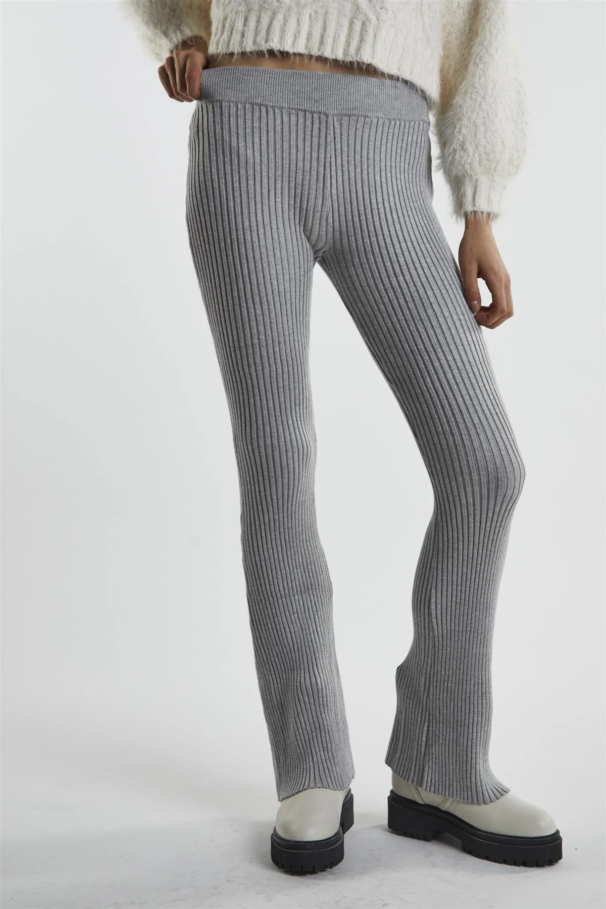 Grey-Marl Rib-Knit Flared-Trousers - Image 3