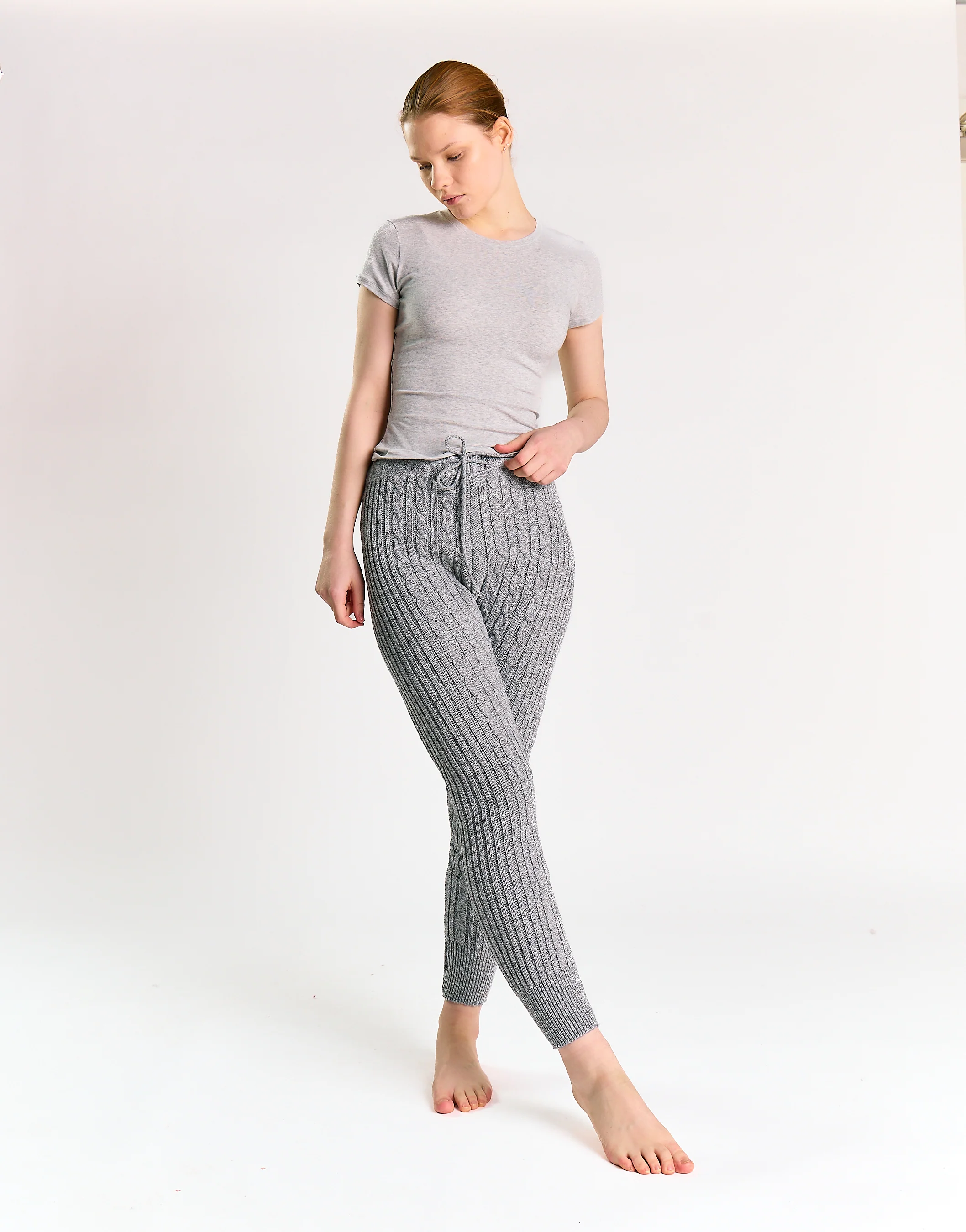 Grey Marl Ribbed High-Waist-Trousers