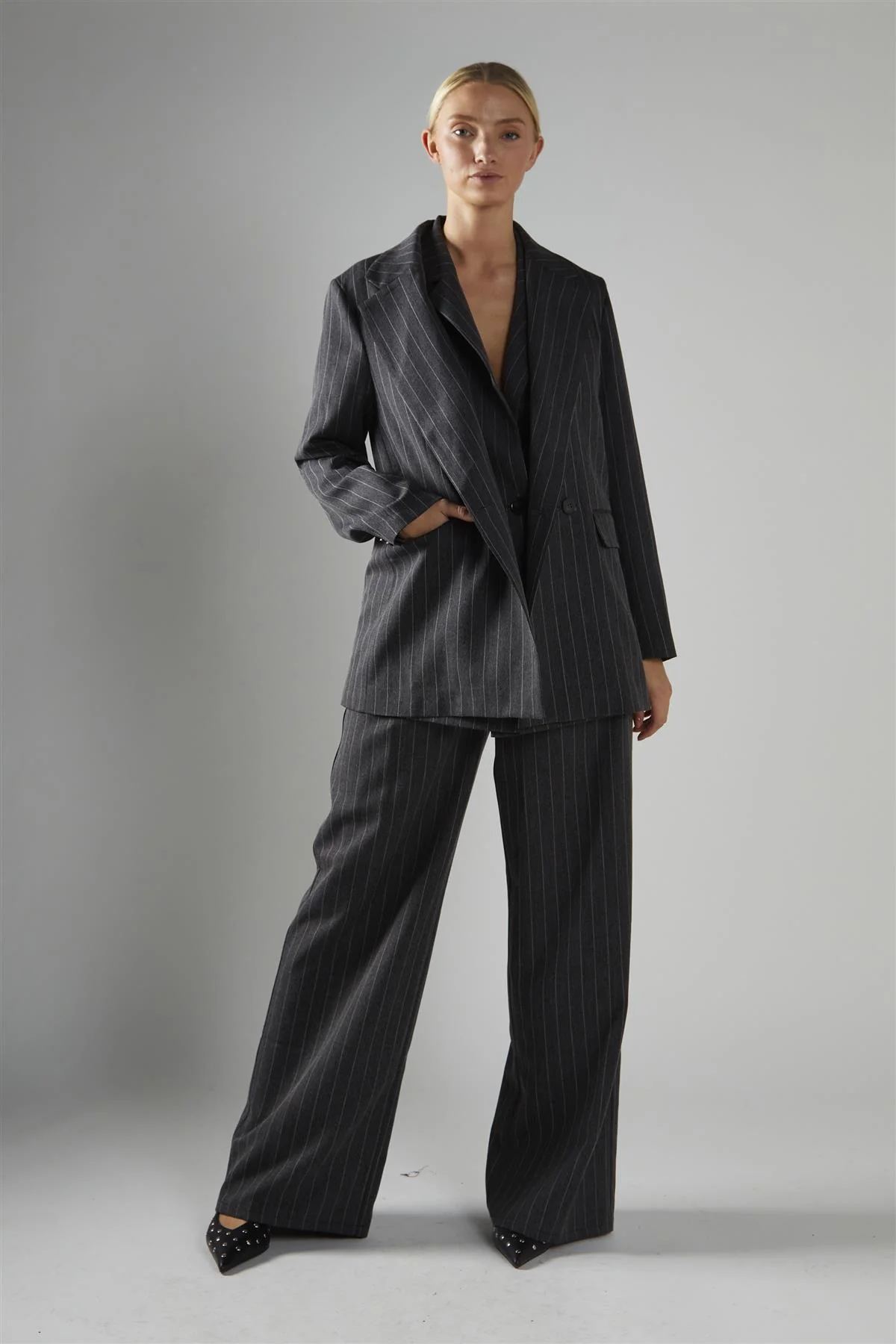 Grey Pinstripe Double Breasted Blazer