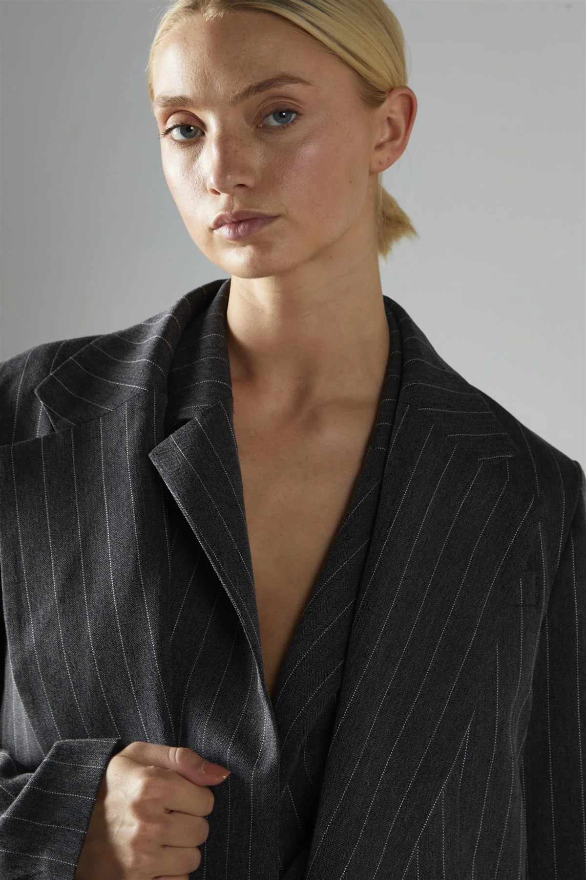 Grey Pinstripe Double Breasted Blazer - Image 3
