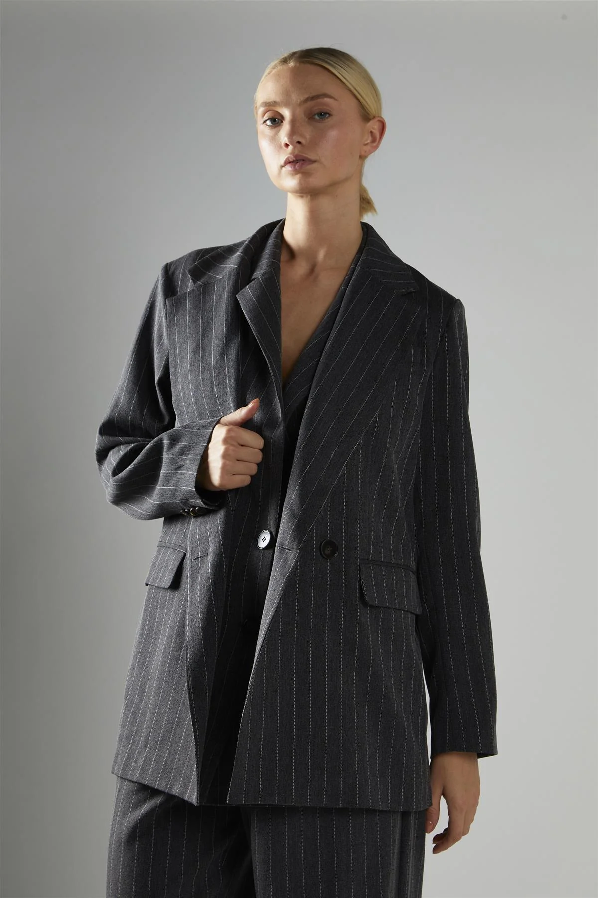 Grey Pinstripe Double Breasted Blazer - Image 4