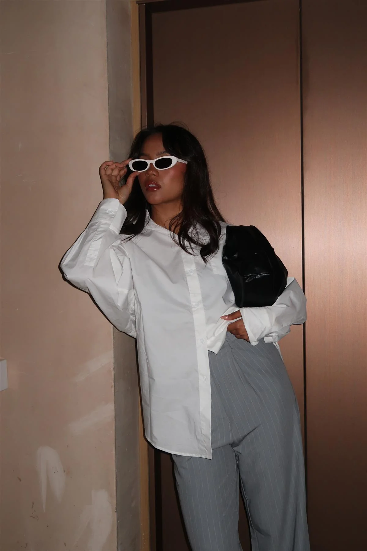 Grey Pinstripe Wide Leg High Waisted Smart Trousers - Image 3