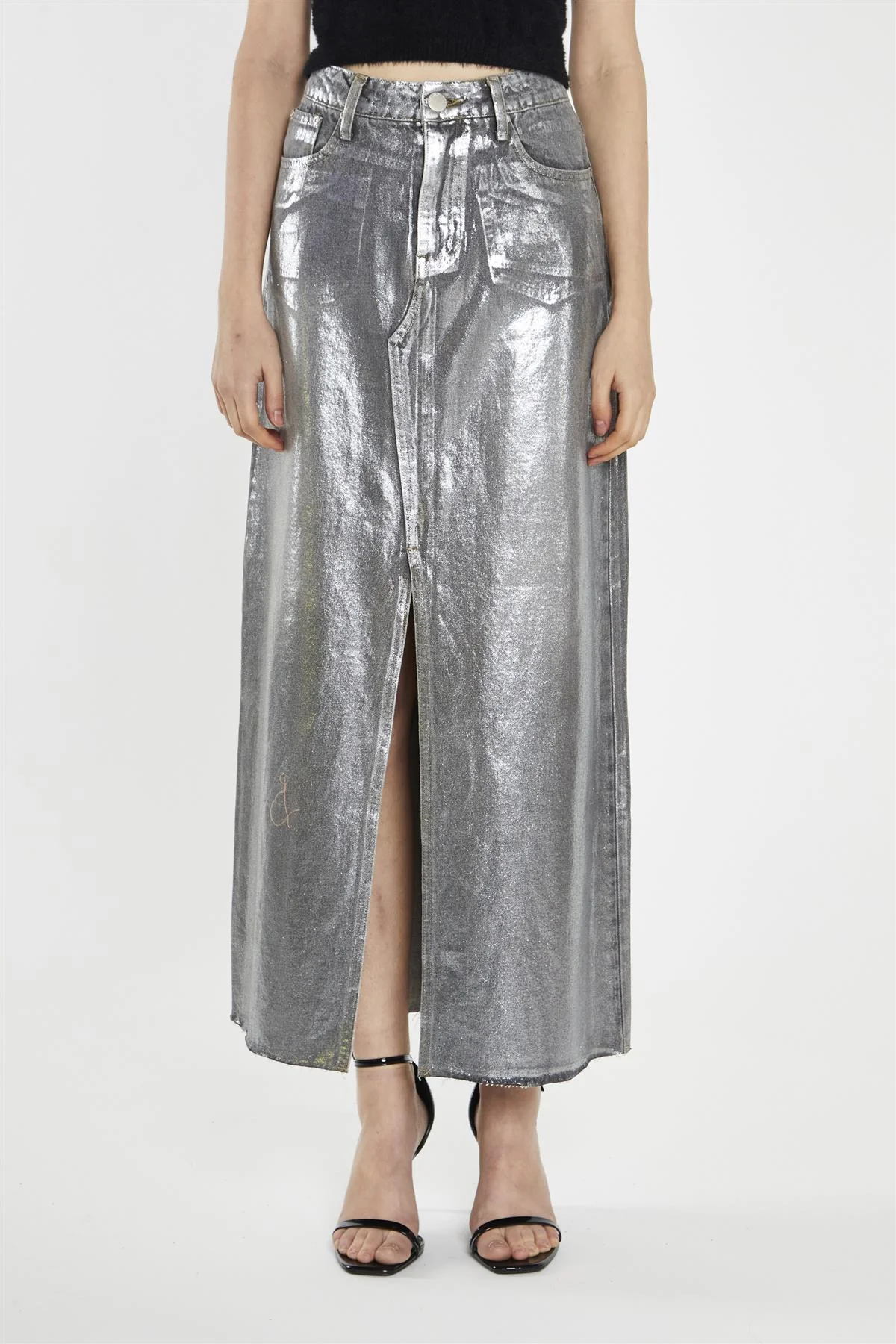 Grey Silver-Foil Denim Split-Front Midi-Skirt - Image 3