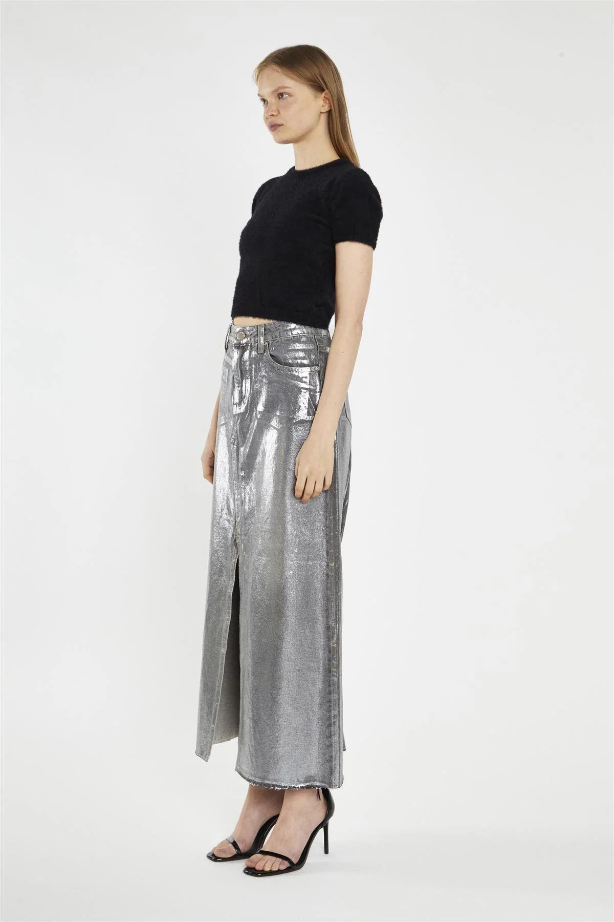 Grey Silver-Foil Denim Split-Front Midi-Skirt - Image 4