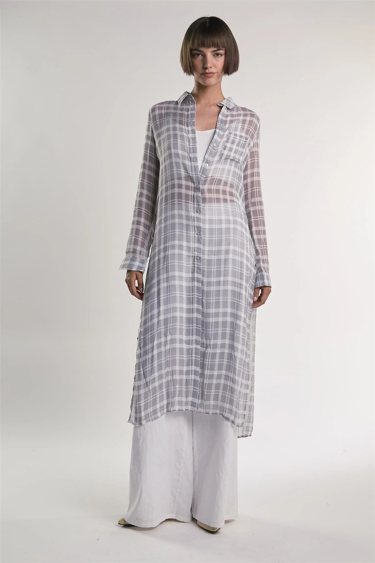 Grey/White-Check Sheer Midi-Top