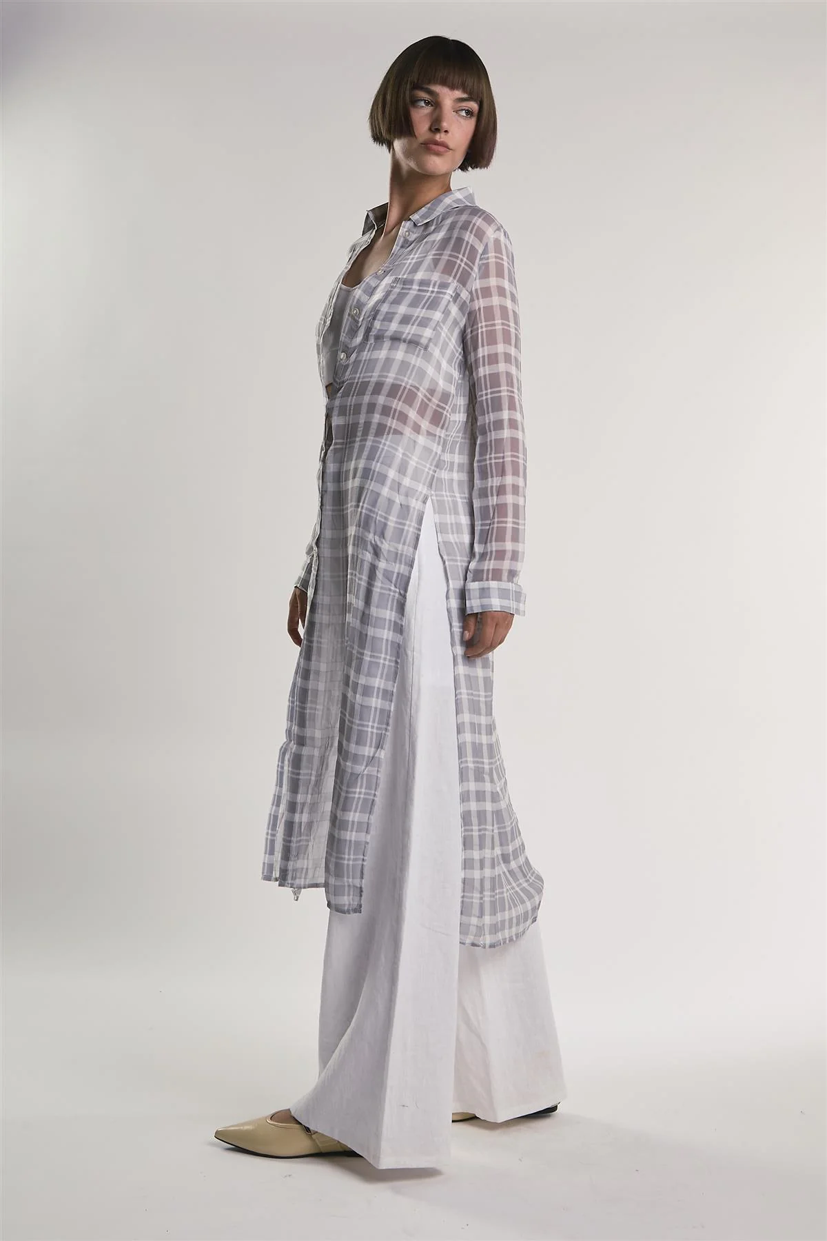Grey/White-Check Sheer Midi-Top - Image 5