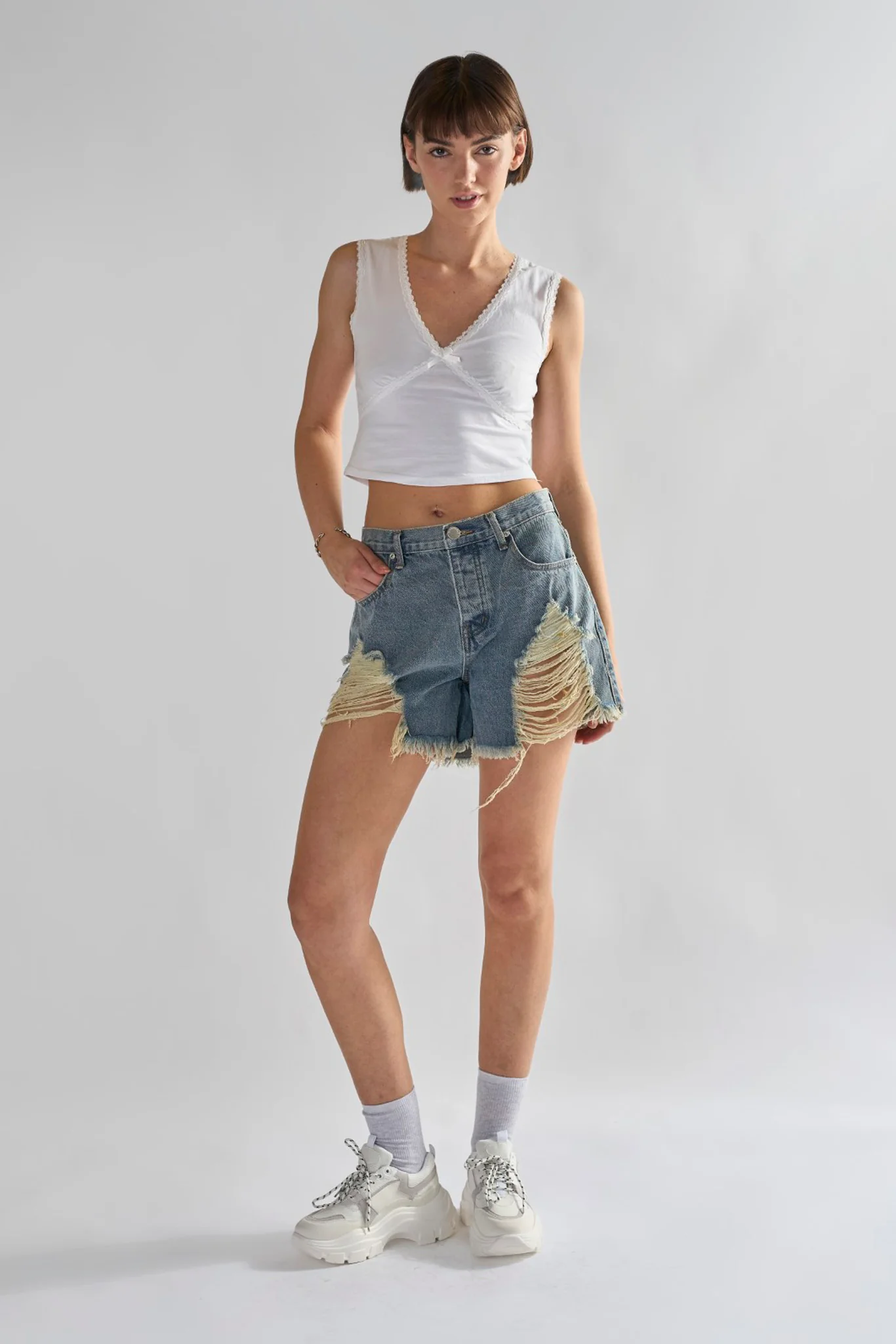 Heavy Vintage-Wash Distressed Denim Shorts