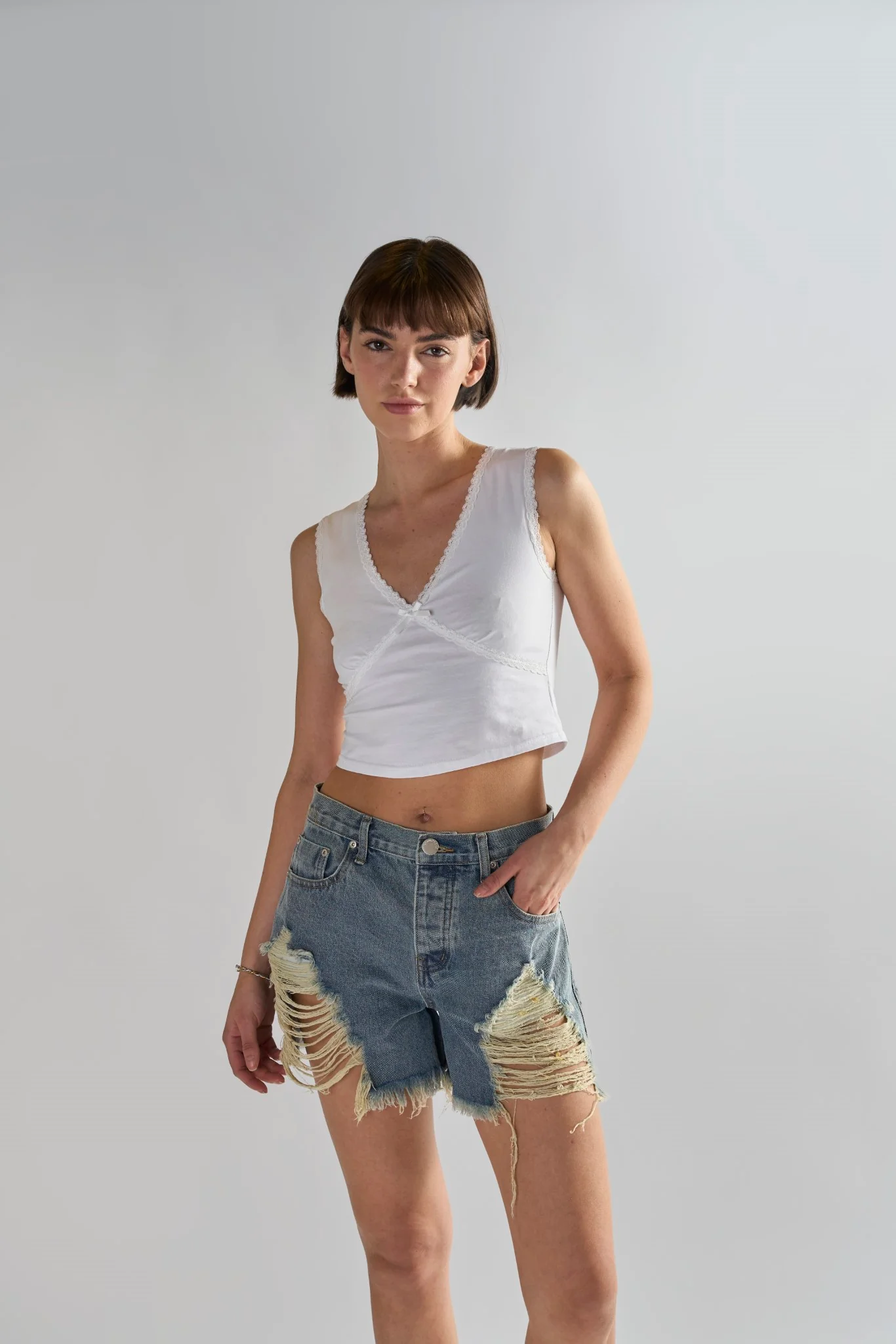 Heavy Vintage-Wash Distressed Denim Shorts - Image 2