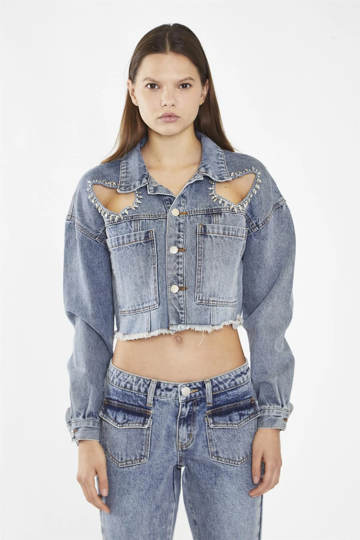 Heavy-Vintage Wash Heart Cut-Out Crop-Jacket - Image 3